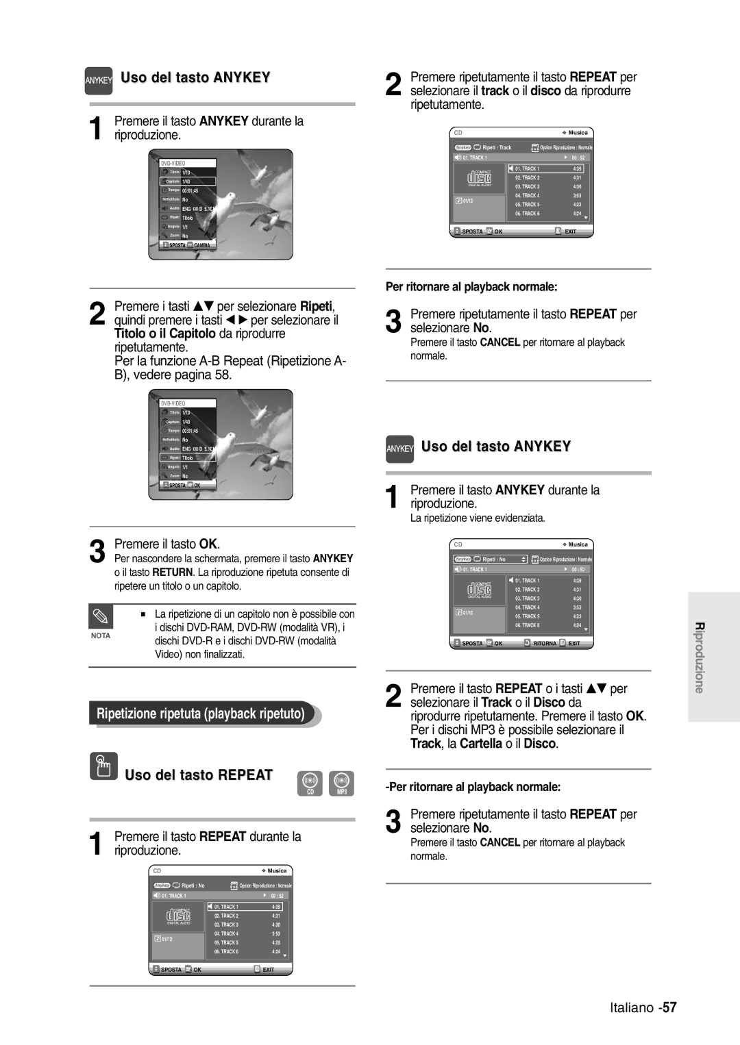 Samsung DVD-R120/XET, DVD-R120/AFS manual Uso del tasto Anykey, Ripetizione ripetuta playback ripetuto 