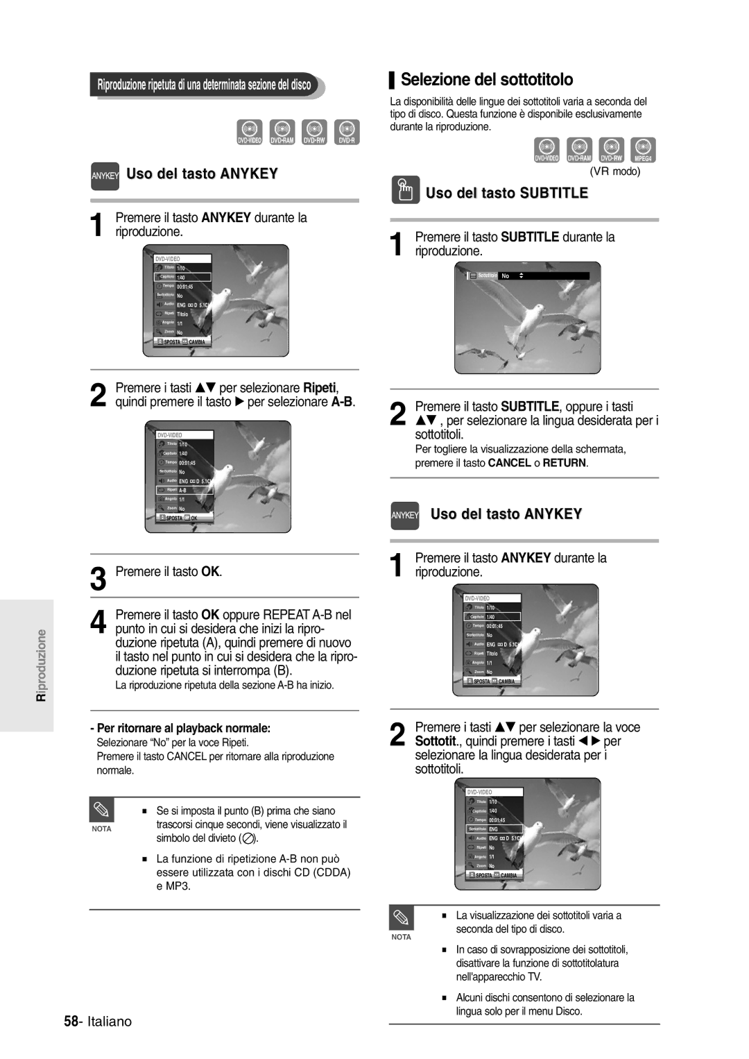 Samsung DVD-R120/AFS, DVD-R120/XET manual Selezione del sottotitolo, Uso del tasto Subtitle, Che inizi la ripro 