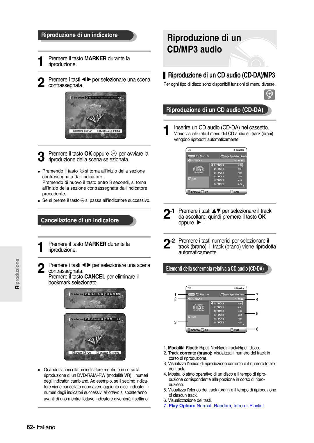 Samsung DVD-R120/AFS manual Riproduzione di un CD/MP3 audio, Riproduzione di un indicatore, Cancellazione di un indicatore 