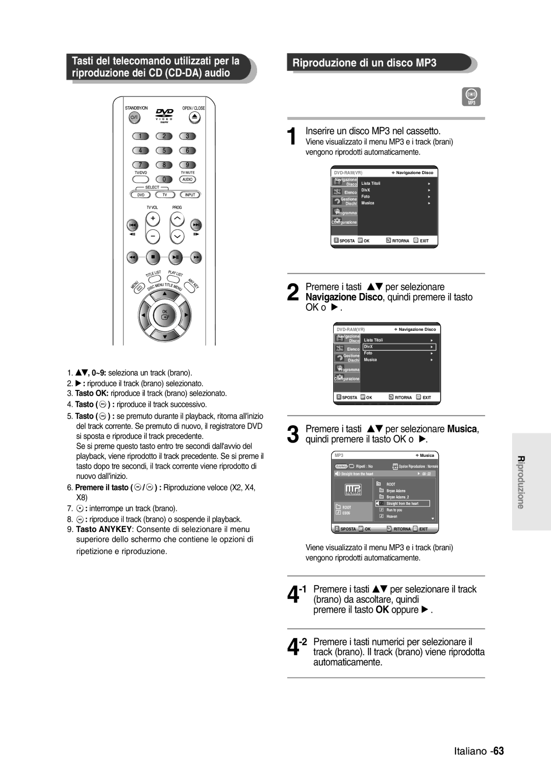 Samsung DVD-R120/XET Tasti del telecomando utilizzati per la, Riproduzione dei CD CD-DA audio, Ripetizione e riproduzione 