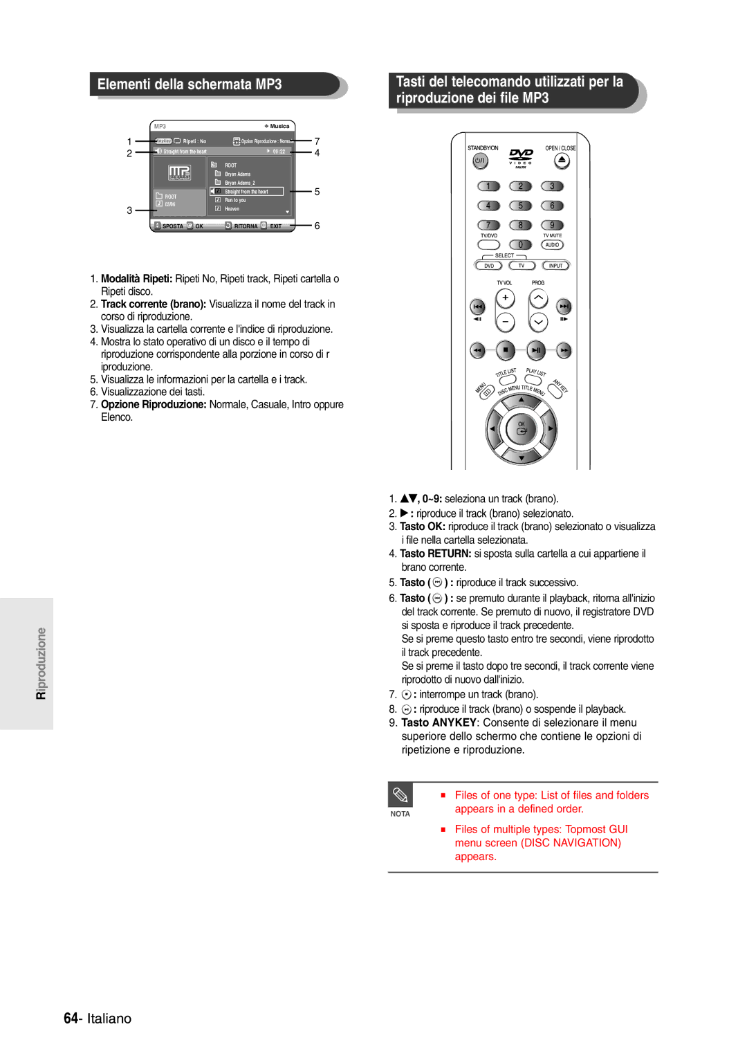 Samsung DVD-R120/AFS manual Elementi della schermata MP3, Opzione Riproduzione Normale, Casuale, Intro oppure Elenco 