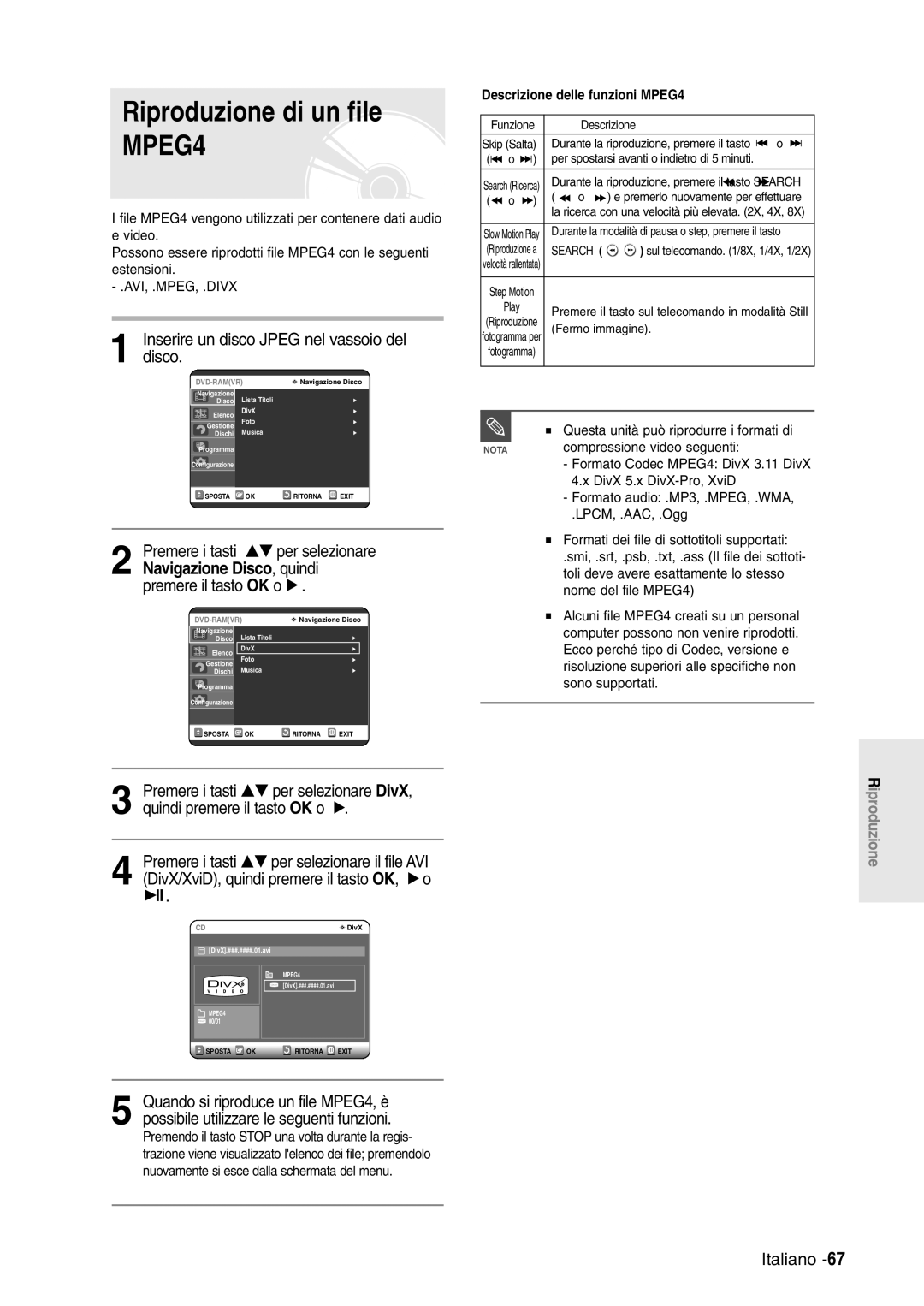 Samsung DVD-R120/XET manual Riproduzione di un file MPEG4, Inserire un disco Jpeg nel vassoio del disco, Avi, .Mpeg, .Divx 