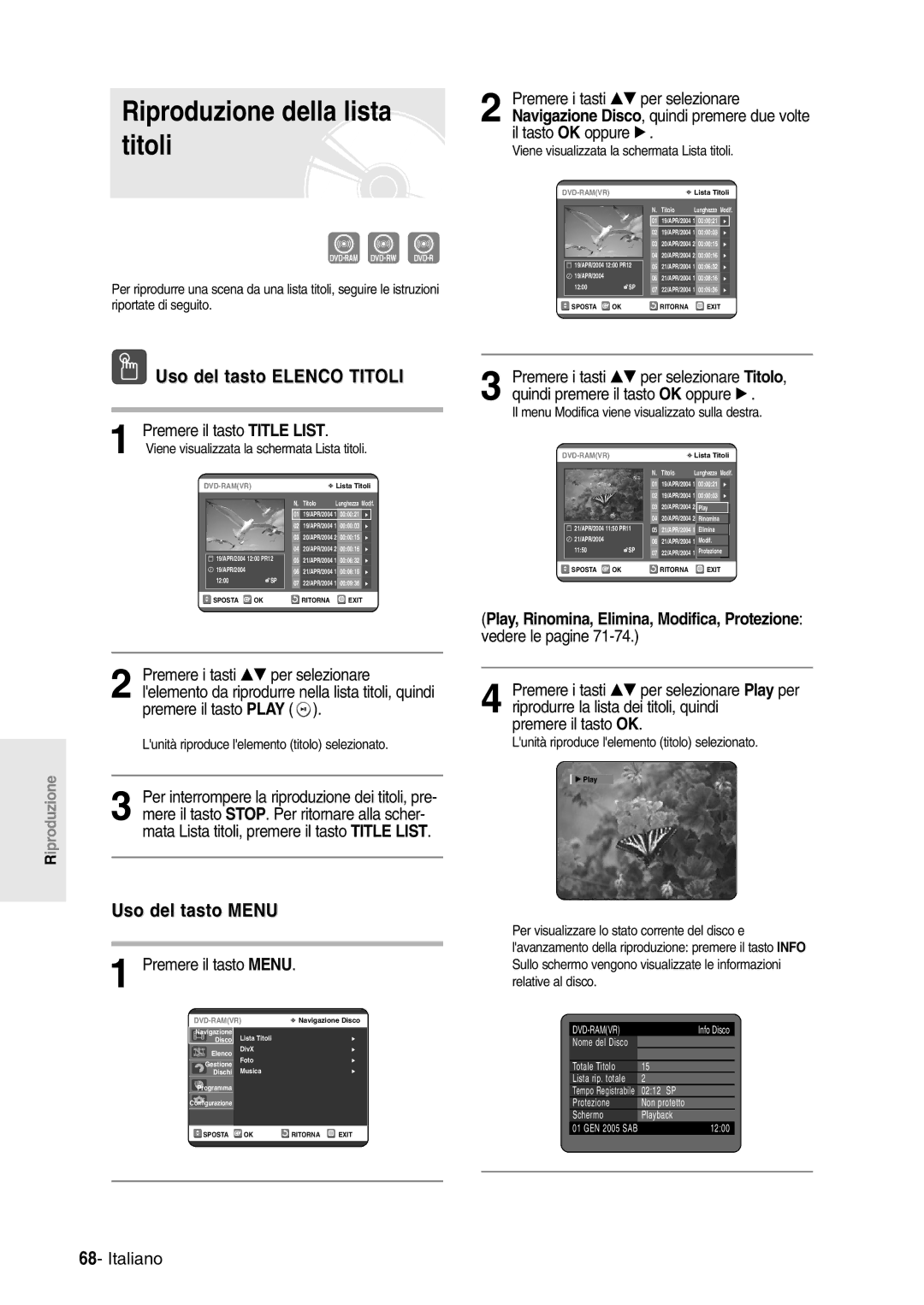 Samsung DVD-R120/AFS, DVD-R120/XET manual Riproduzione della lista titoli, Uso del tasto Elenco Titoli, Uso del tasto Menu 