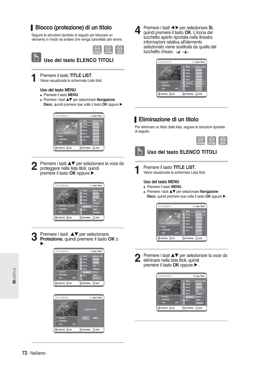 Samsung DVD-R120/AFS, DVD-R120/XET manual Blocco protezione di un titolo, Eliminazione di un titolo 