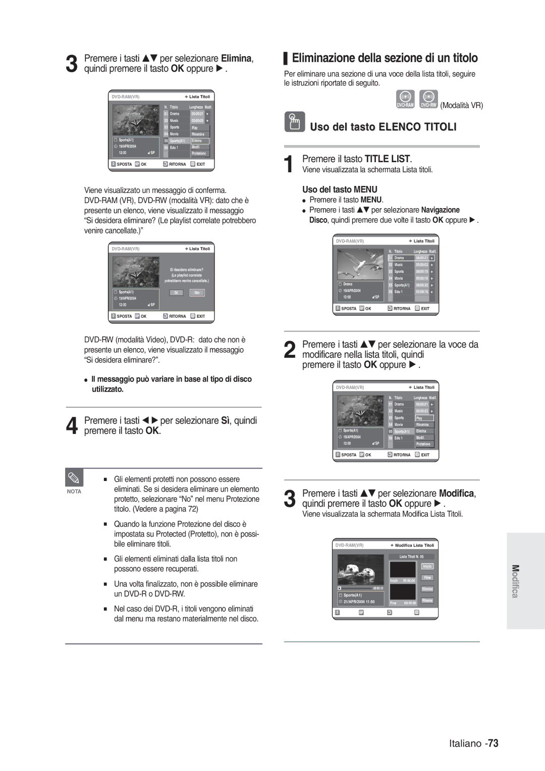 Samsung DVD-R120/XET, DVD-R120/AFS manual Eliminazione della sezione di un titolo, Modalità VR, Titolo. Vedere a pagina 