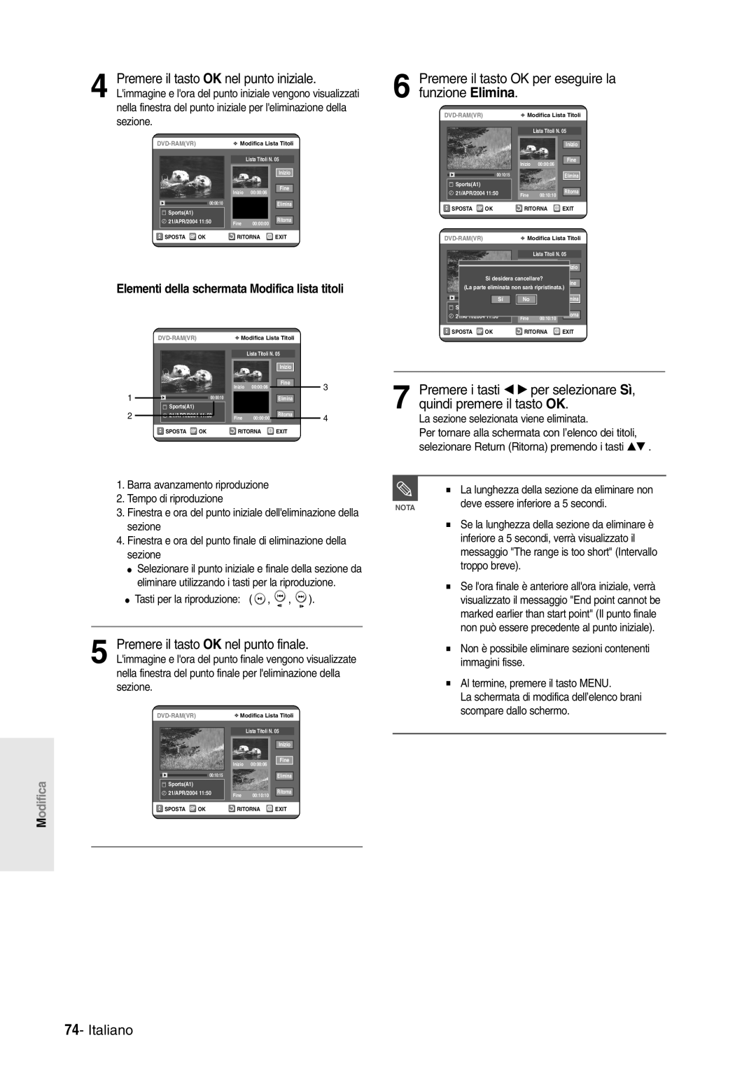 Samsung DVD-R120/AFS manual Premere il tasto OK per eseguire la funzione Elimina, Tasti per la riproduzione, Sezione 