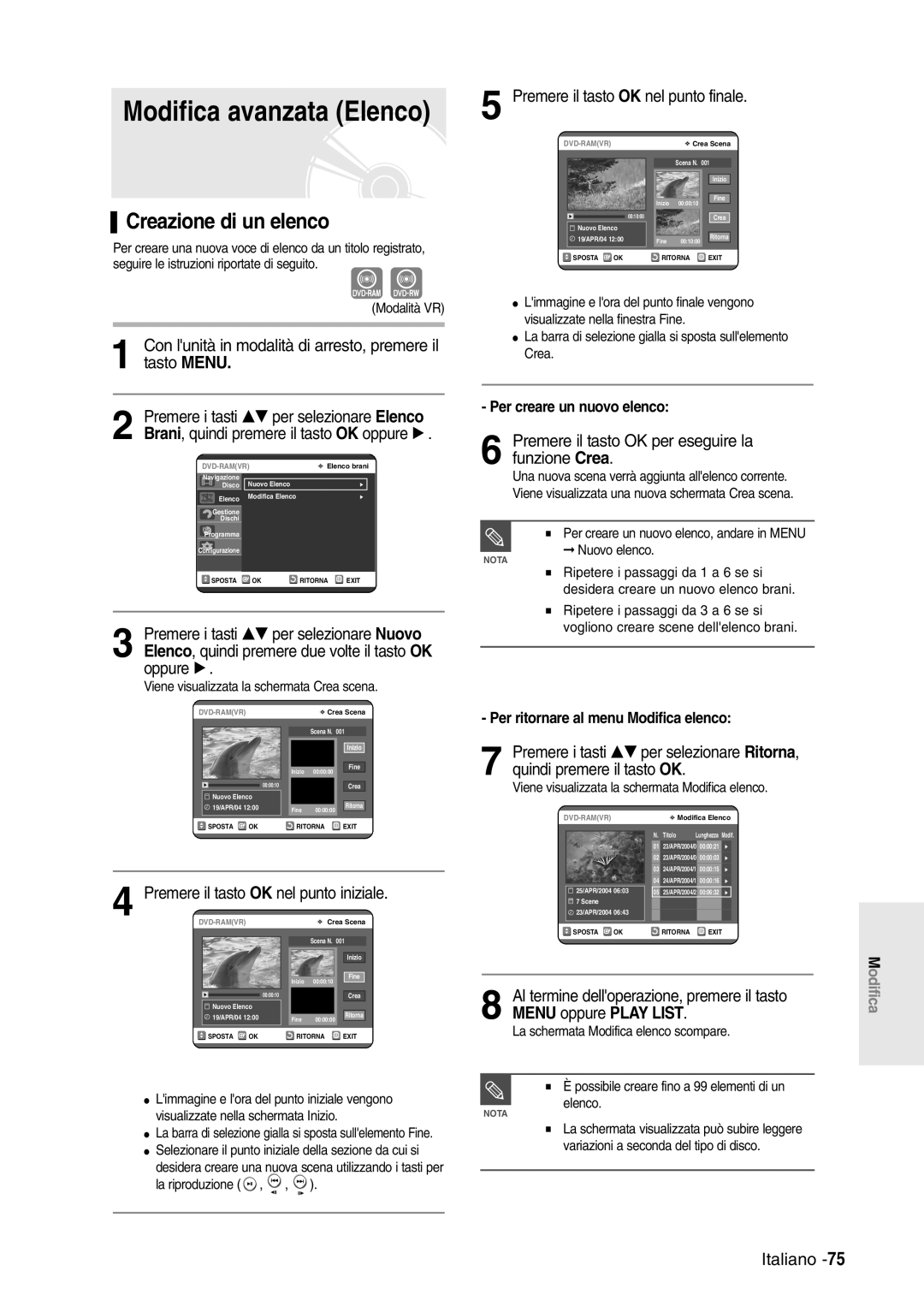 Samsung DVD-R120/XET, DVD-R120/AFS manual Creazione di un elenco, Con lunità in modalità di arresto, premere il tasto Menu 