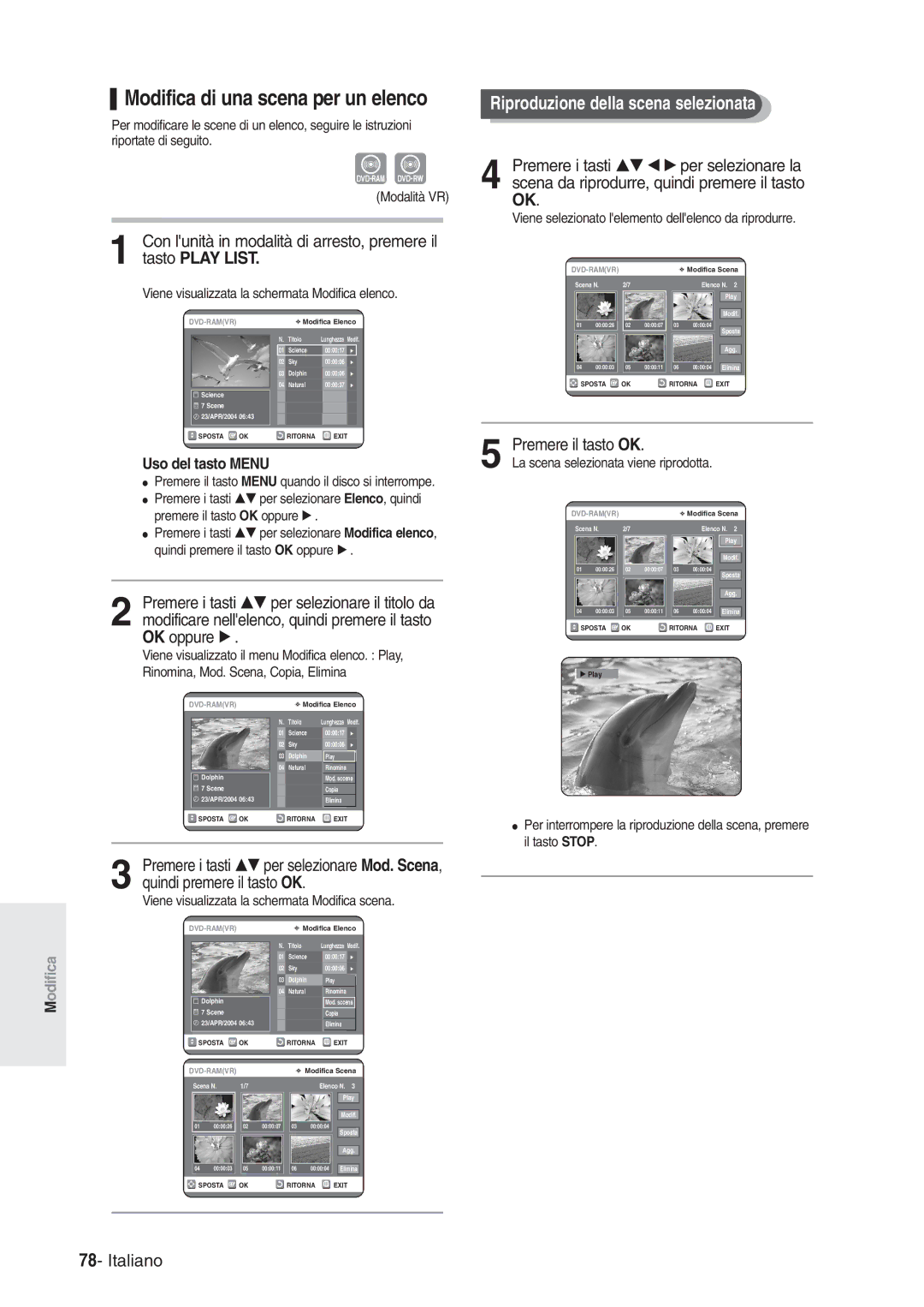 Samsung DVD-R120/AFS manual Riproduzione della scena selezionata, Viene selezionato lelemento dellelenco da riprodurre 