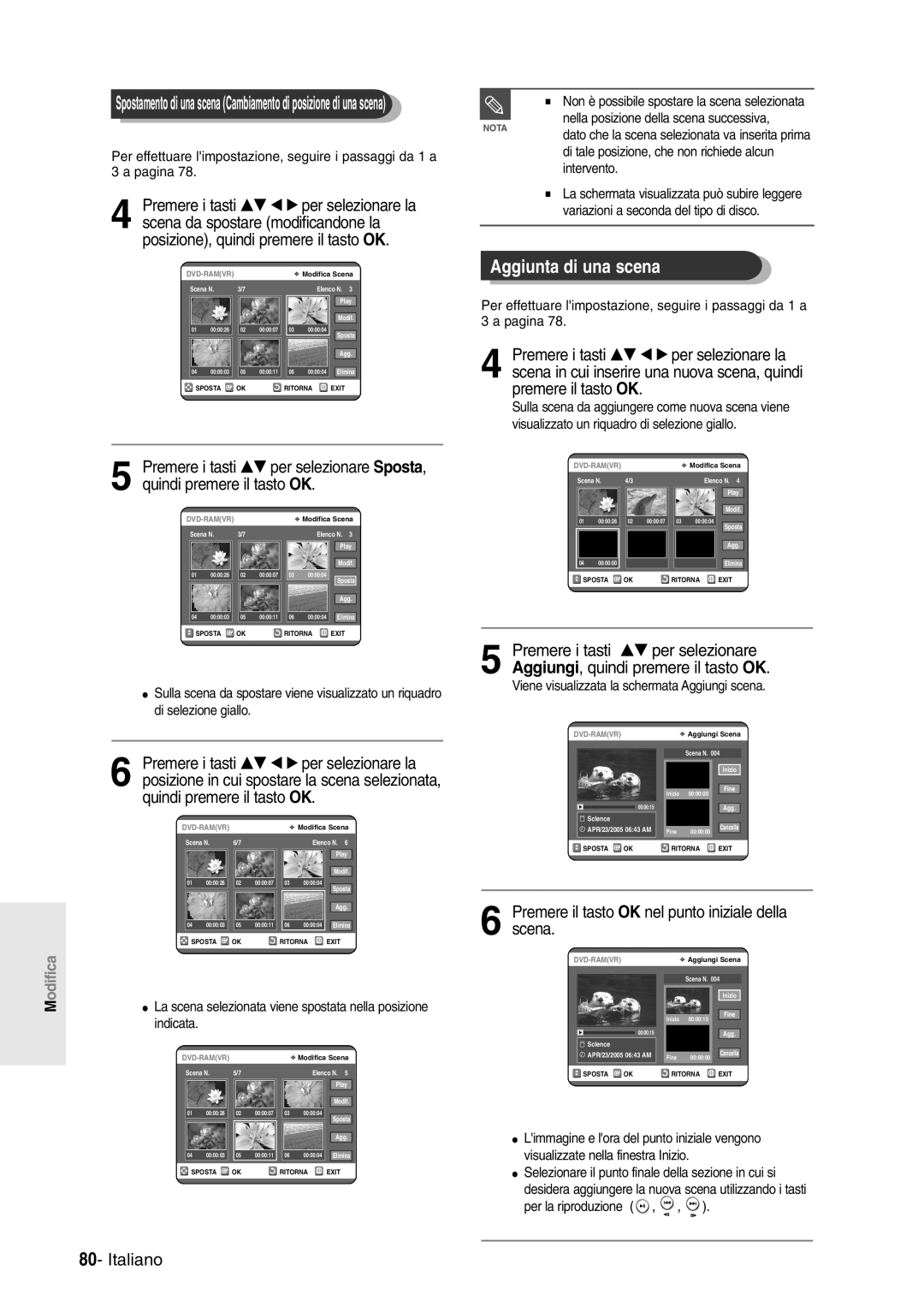 Samsung DVD-R120/AFS, DVD-R120/XET manual Aggiunta di una scena, Posizione in cui spostare la scena selezionata 