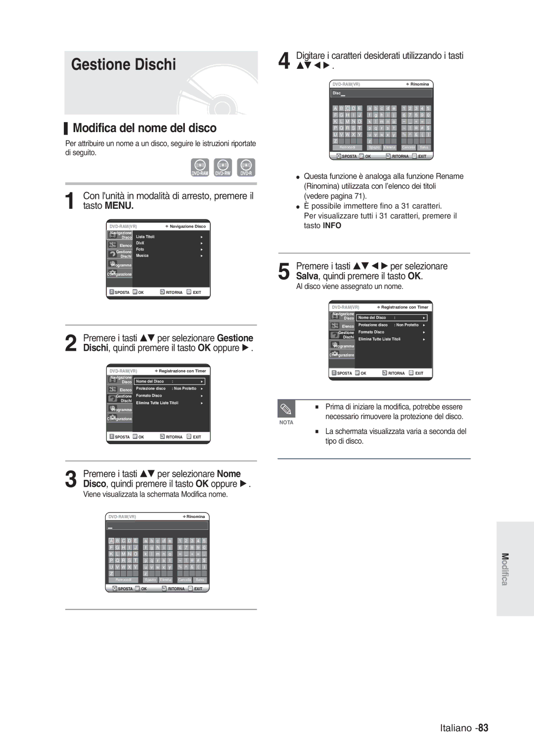 Samsung DVD-R120/XET manual Gestione Dischi, Modifica del nome del disco, Viene visualizzata la schermata Modifica nome 