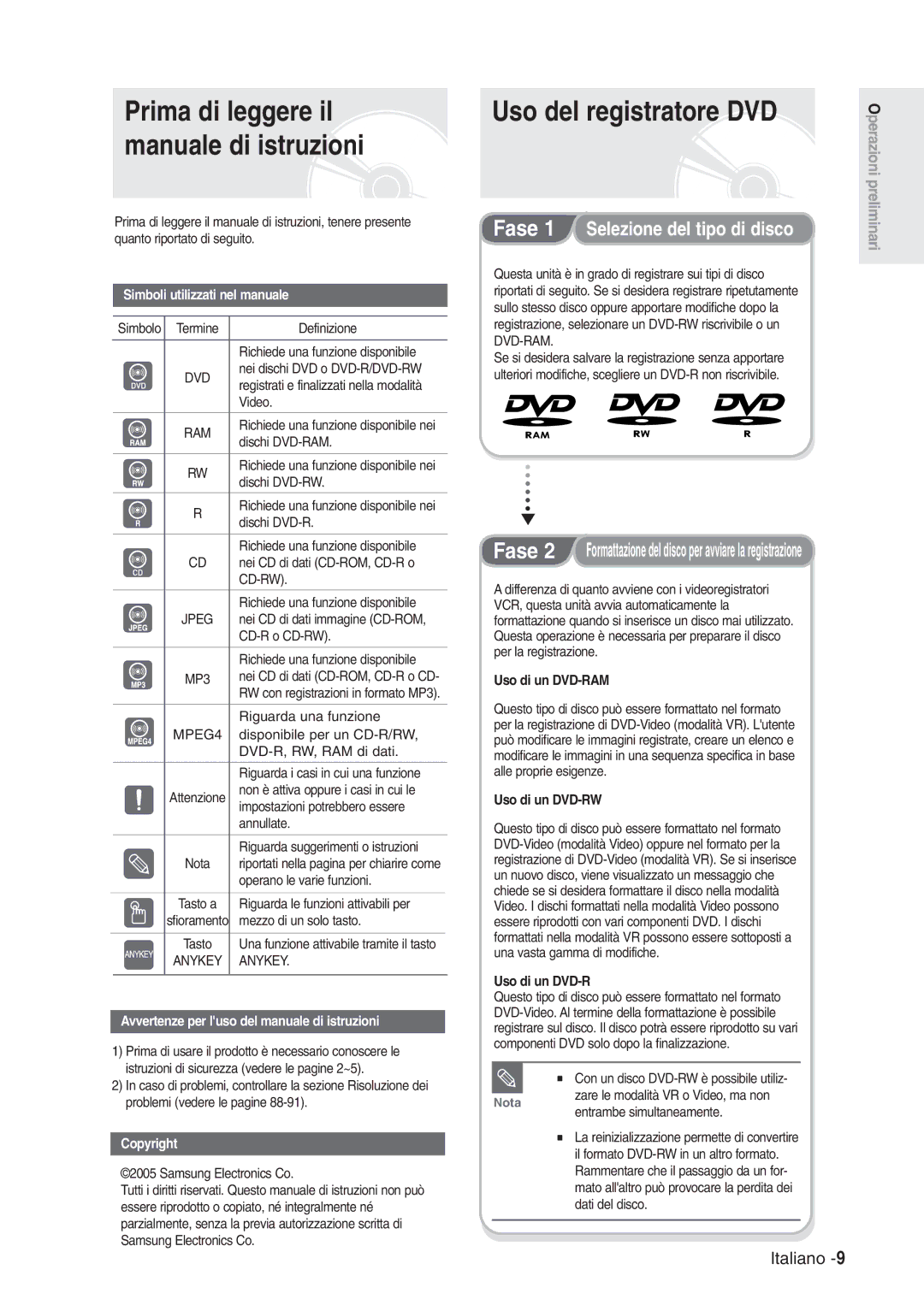 Samsung DVD-R120/XET, DVD-R120/AFS Prima di leggere il, Manuale di istruzioni, Simboli utilizzati nel manuale, Copyright 