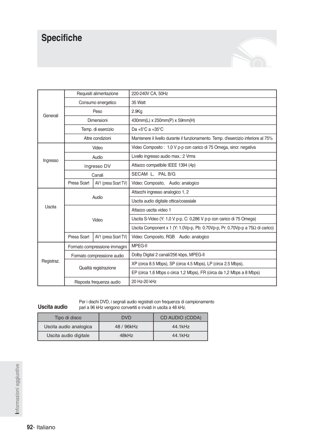 Samsung DVD-R120/AFS, DVD-R120/XET manual Specifiche, Secam L, PAL B/G, Mpeg-Ii, Uscita audio, DVD CD Audio Cdda 