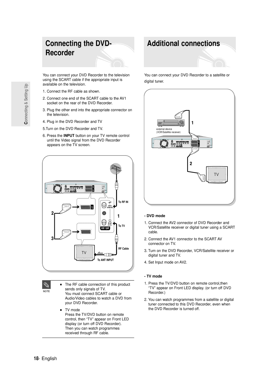 Samsung DVD-R120E/EUR, DVD-R121E/EUR manual Connecting the DVD, DVD mode, TV mode, Recorder 