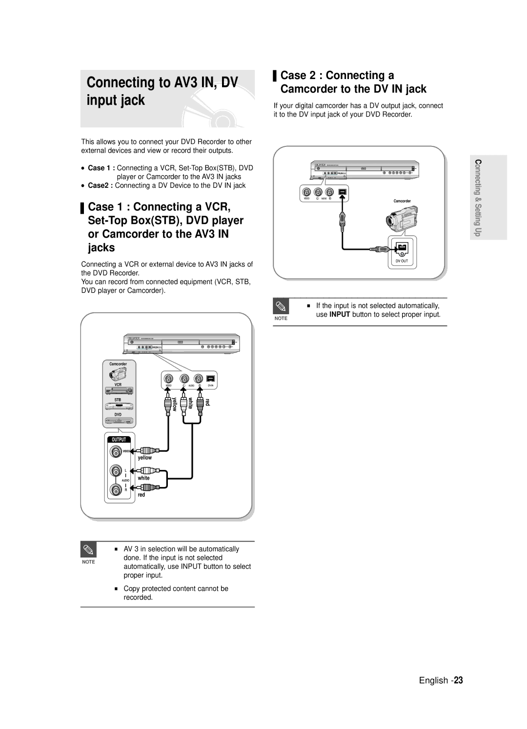 Samsung DVD-R121E/EUR, DVD-R120E/EUR Connecting to AV3 IN, DV input jack, Case2 Connecting a DV Device to the DV in jack 