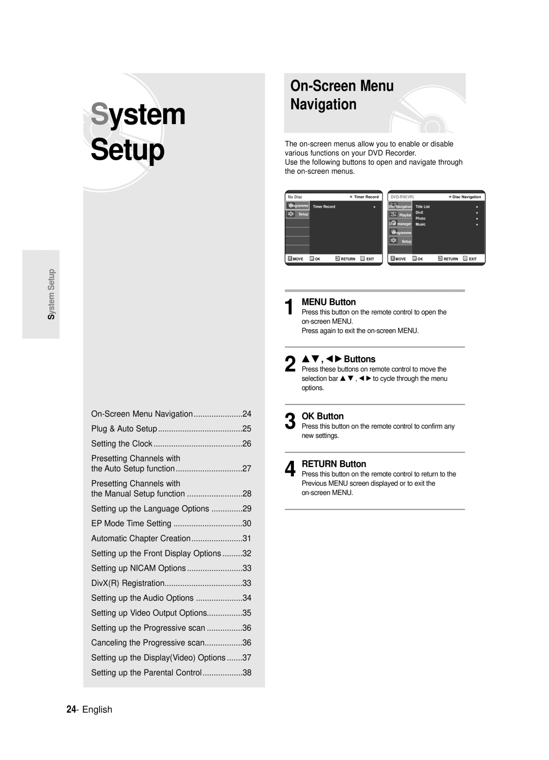 Samsung DVD-R120E/EUR, DVD-R121E/EUR On-Screen Menu Navigation, Menu Button, … † , œ √ Buttons, OK Button, Return Button 