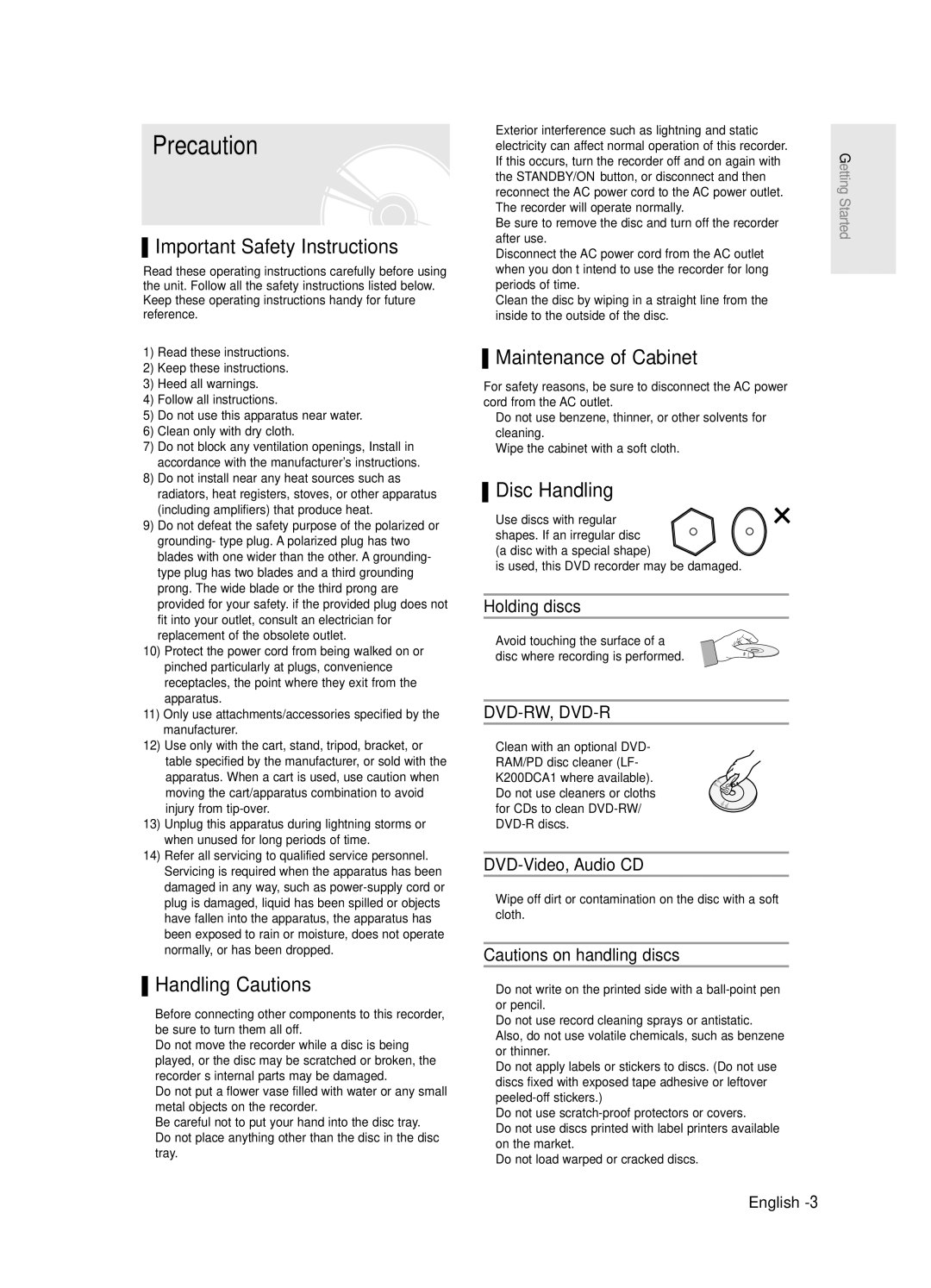 Samsung DVD-R121E/EUR Precaution, Important Safety Instructions, Handling Cautions, Maintenance of Cabinet, Disc Handling 