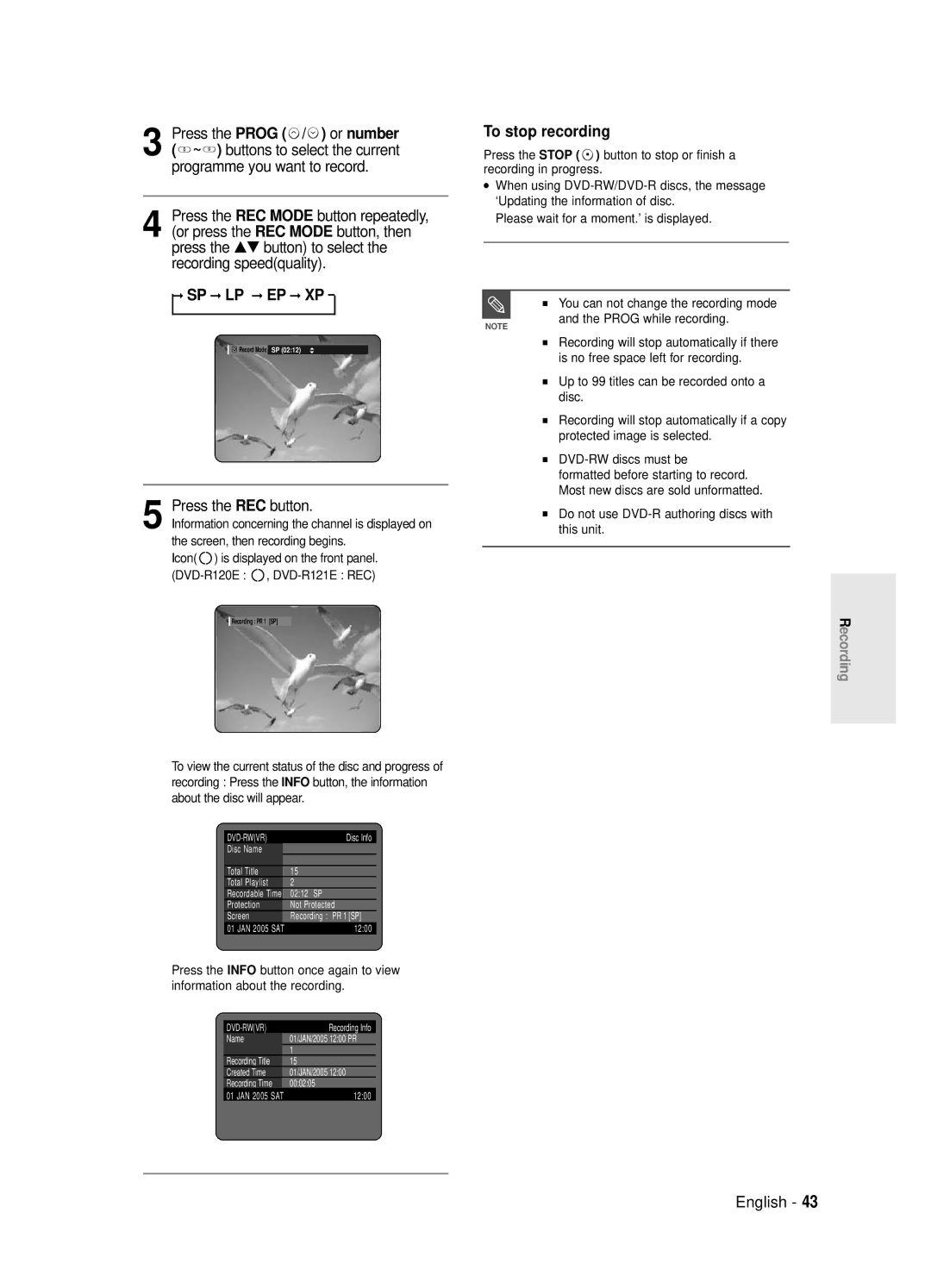 Samsung DVD-R121E/EUR, DVD-R120E/EUR manual Sp Lp Ep Xp, Press the REC button, To stop recording 