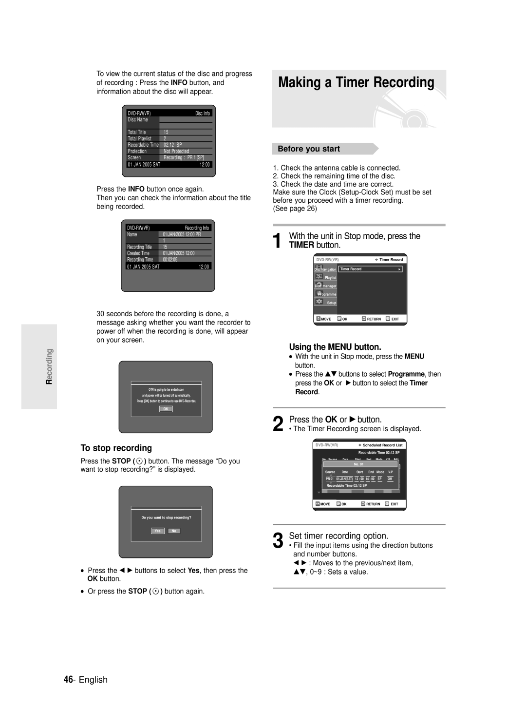 Samsung DVD-R120E/EUR Making a Timer Recording, With the unit in Stop mode, press the Timer button, Using the Menu button 