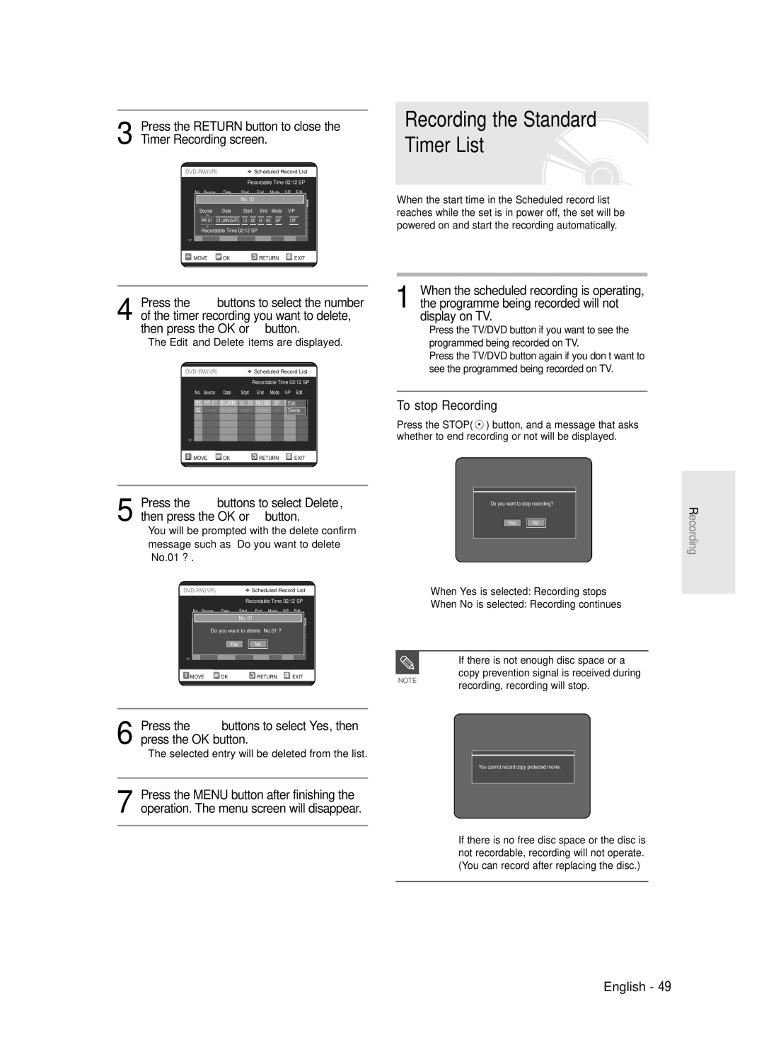 Samsung DVD-R121E/EUR, DVD-R120E/EUR manual Recording, recording will stop, Selected entry will be deleted from the list 