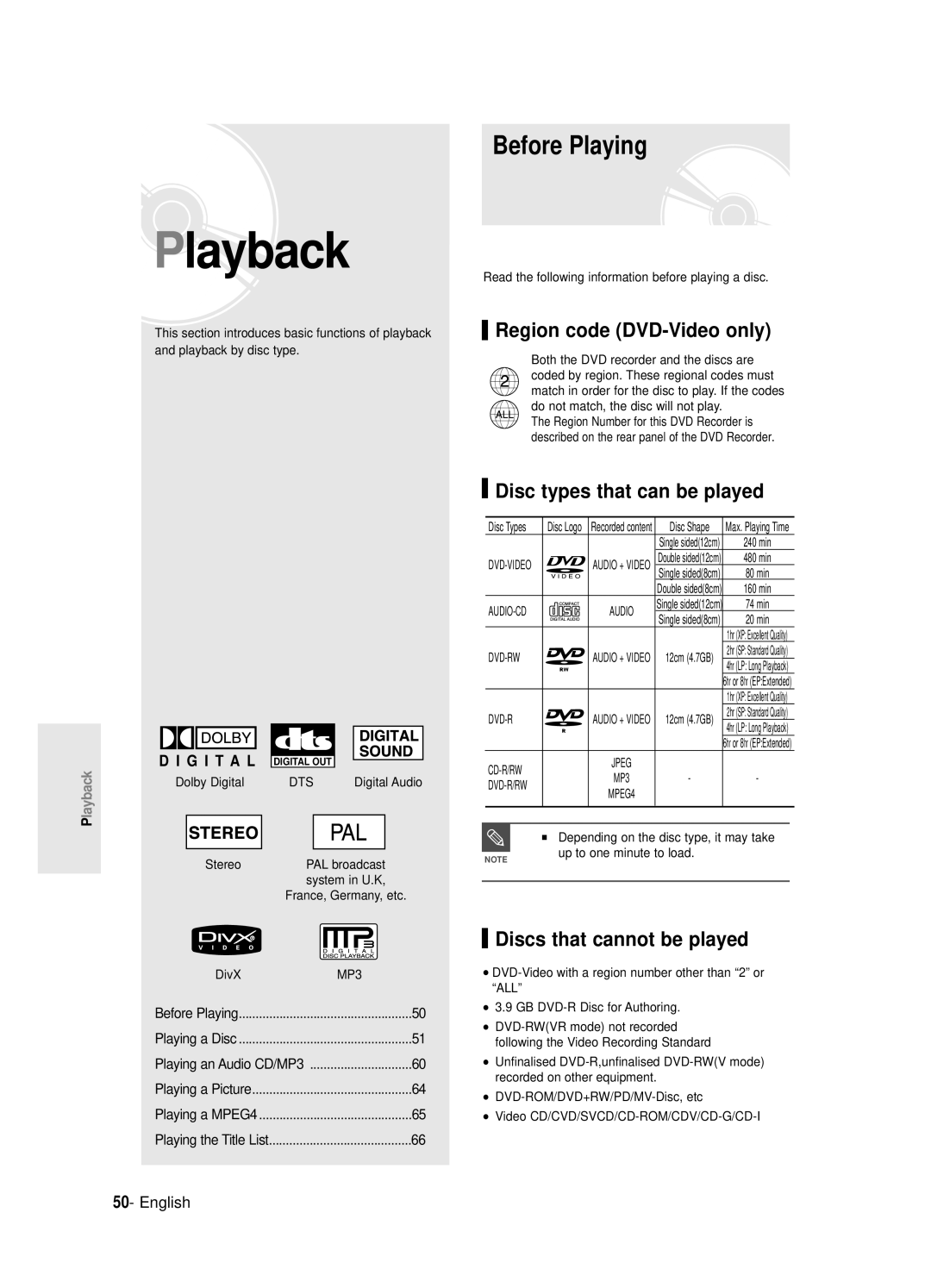 Samsung DVD-R120E/EUR, DVD-R121E/EUR manual Before Playing, Region code DVD-Video only, Disc types that can be played 