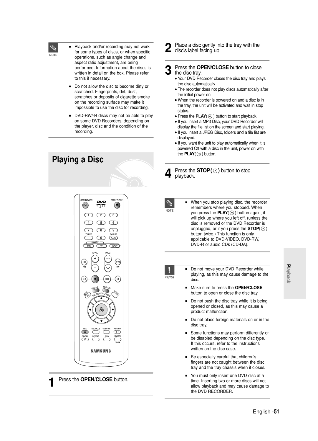 Samsung DVD-R121E/EUR, DVD-R120E/EUR Playing a Disc, Press the Stop button to stop playback, Press the OPEN/CLOSE button 