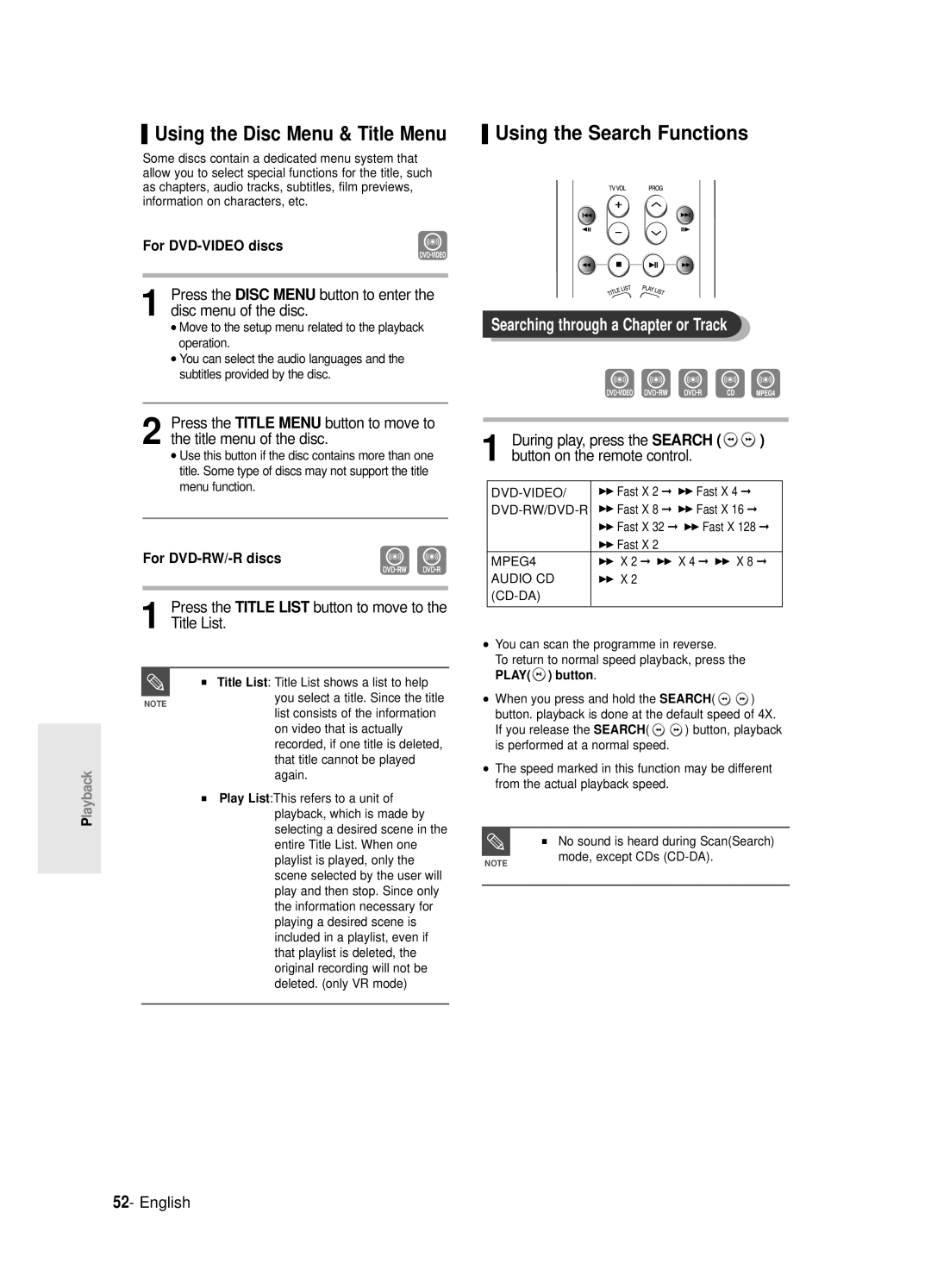 Samsung DVD-R120E/EUR manual Using the Search Functions, Searching through a Chapter or Track, Button on the remote control 