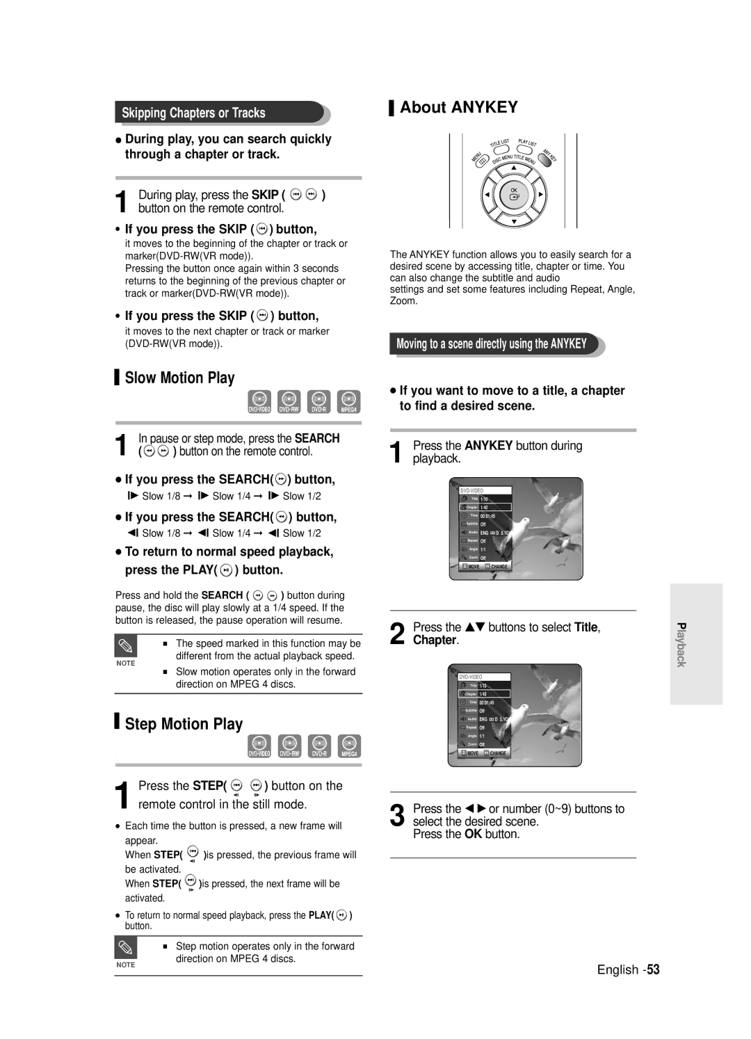 Samsung DVD-R121E/EUR, DVD-R120E/EUR manual About Anykey, Slow Motion Play, Step Motion Play, Skipping Chapters or Tracks 