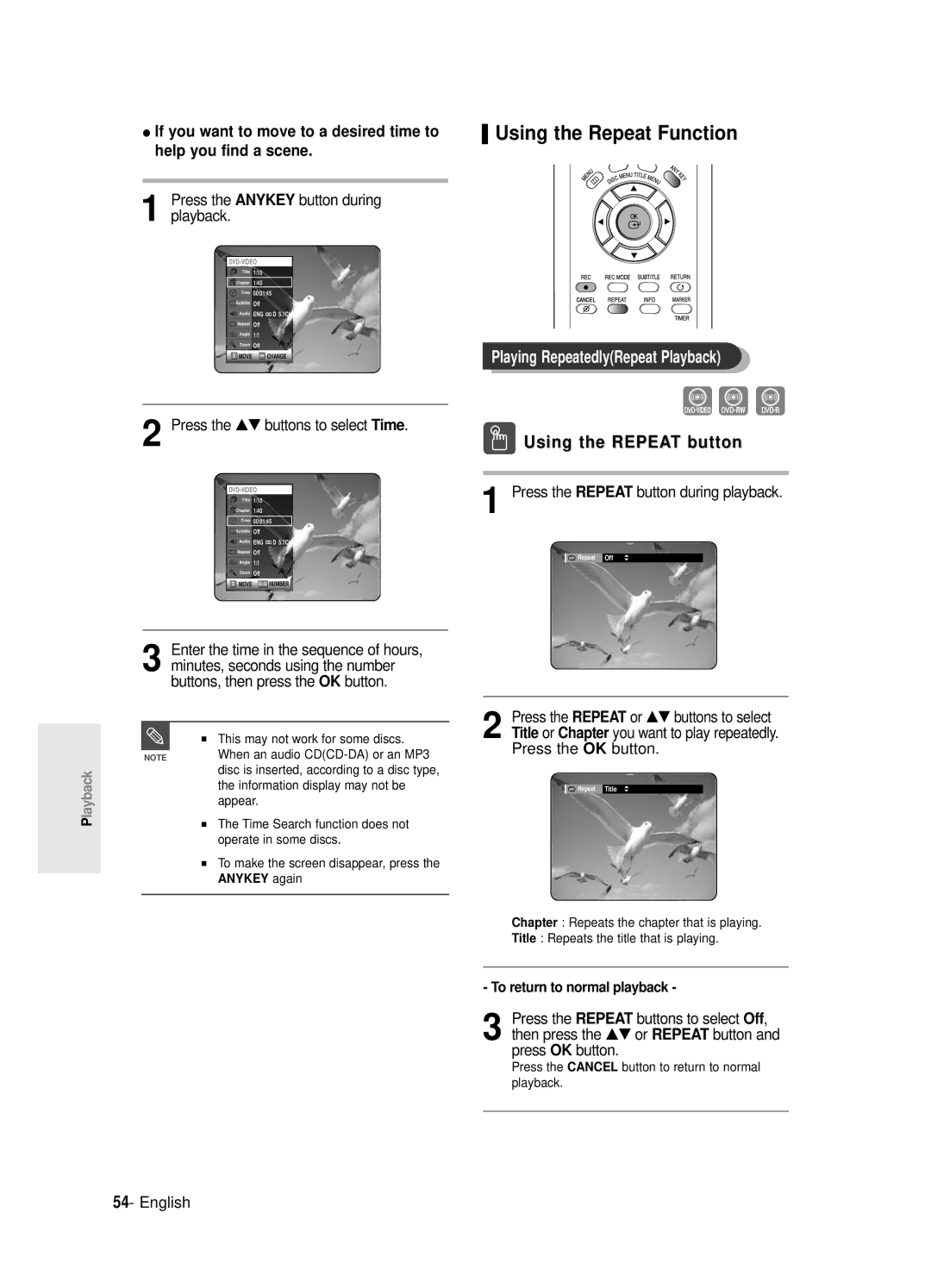 Samsung DVD-R120E/EUR, DVD-R121E/EUR Using the Repeat Function, Playing RepeatedlyRepeat Playback, Using the Repeat button 