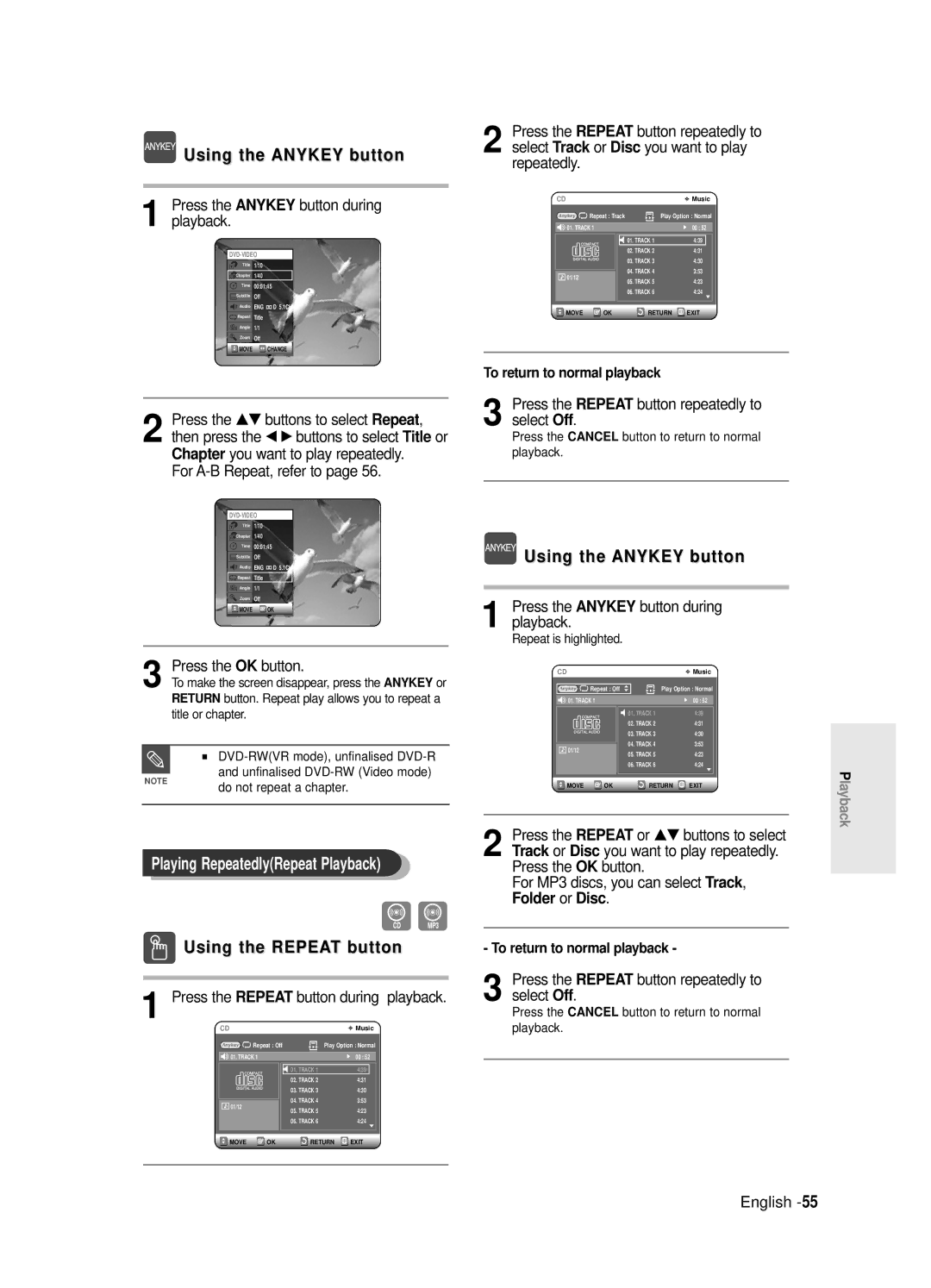 Samsung DVD-R121E/EUR Using the Anykey button, Press the Repeat button repeatedly to select Off, Repeat is highlighted 