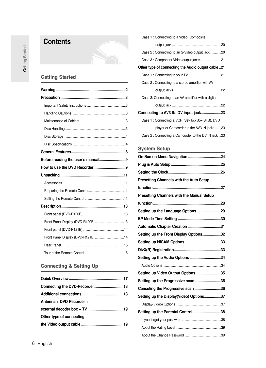 Samsung DVD-R120E/EUR, DVD-R121E/EUR manual Contents 