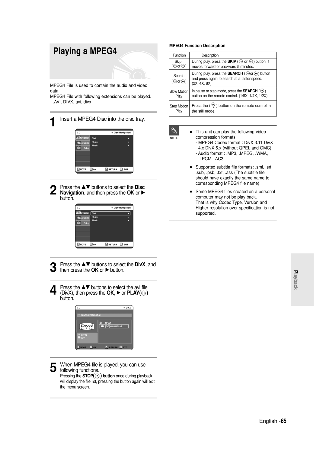 Samsung DVD-R121E/EUR, DVD-R120E/EUR Playing a MPEG4, Insert a MPEG4 Disc into the disc tray, MPEG4 Function Description 