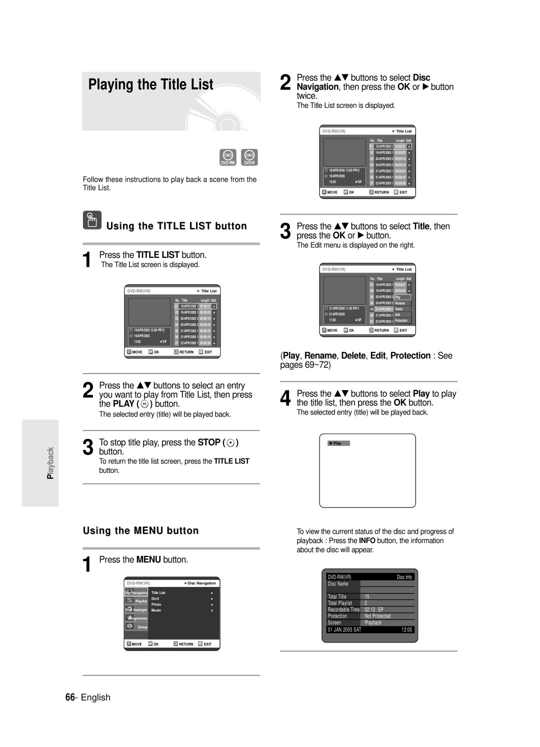 Samsung DVD-R120E/EUR, DVD-R121E/EUR manual Playing the Title List, Using the Title List button, Using the Menu button 