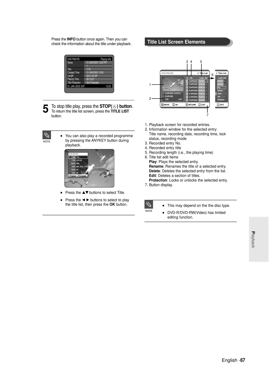 Samsung DVD-R121E/EUR, DVD-R120E/EUR manual Title List Screen Elements, Press the …† buttons to select Title 