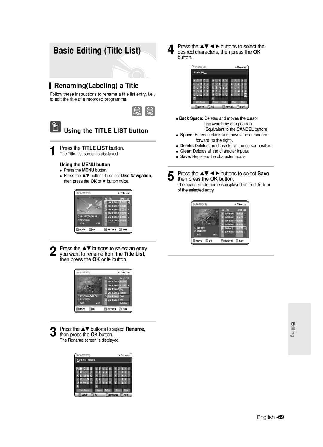 Samsung DVD-R121E/EUR Basic Editing Title List, RenamingLabeling a Title, Using the Menu button, Press the Menu button 