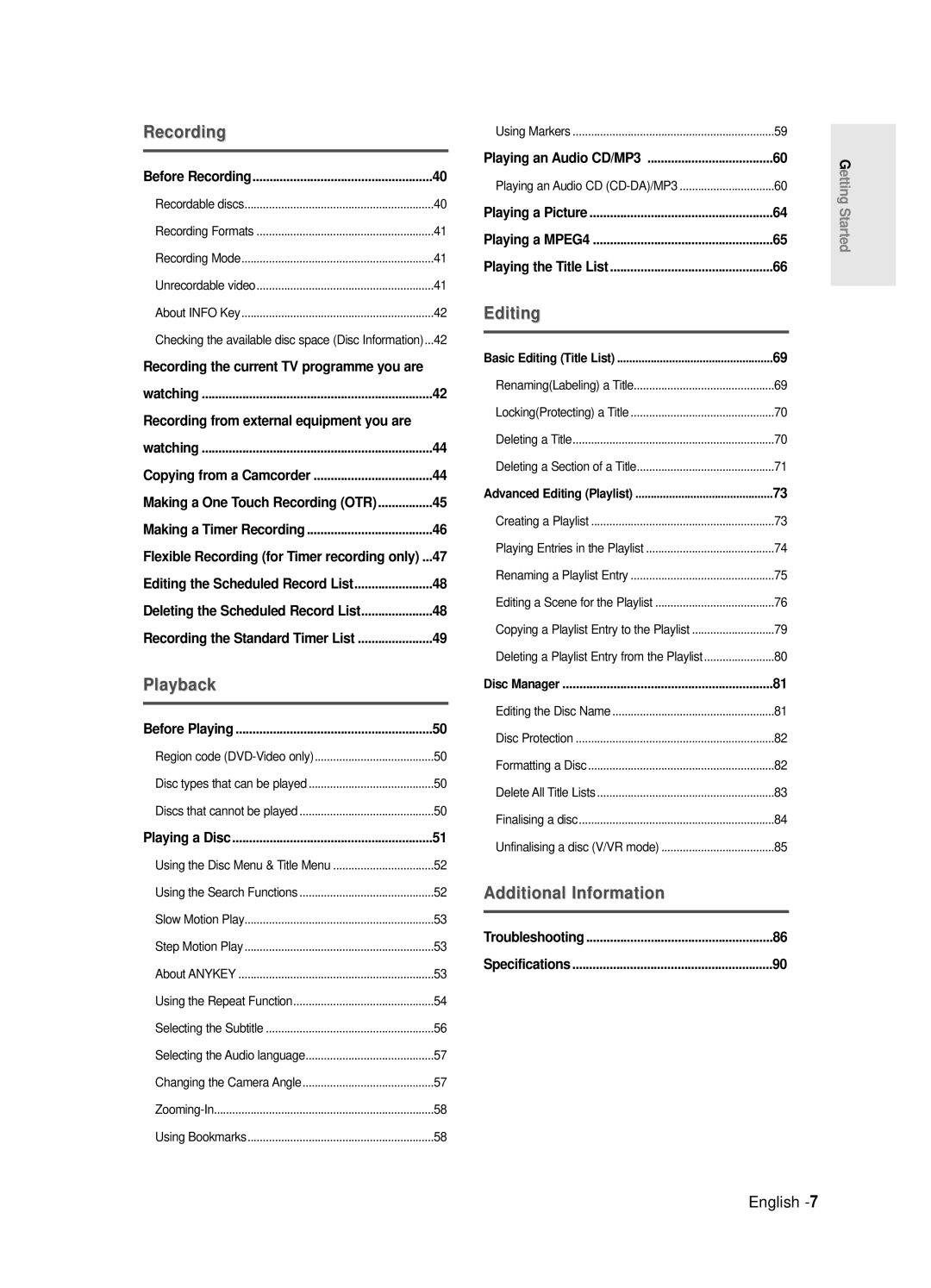 Samsung DVD-R121E/EUR manual Before Recording, Before Playing, Playing a Disc, Playing an Audio CD/MP3, Disc Manager 