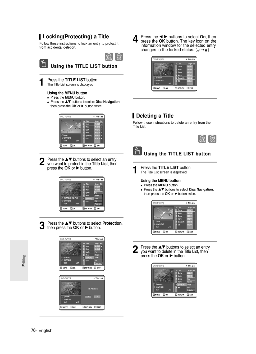 Samsung DVD-R120E/EUR, DVD-R121E/EUR manual LockingProtecting a Title, Deleting a Title 