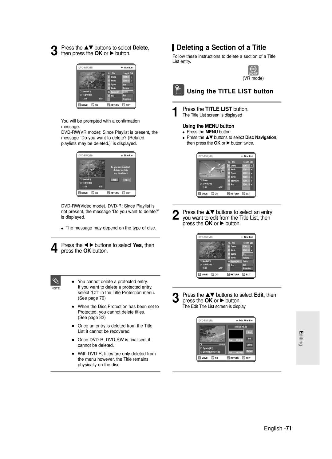 Samsung DVD-R121E/EUR, DVD-R120E/EUR manual Deleting a Section of a Title, You cannot delete a protected entry 