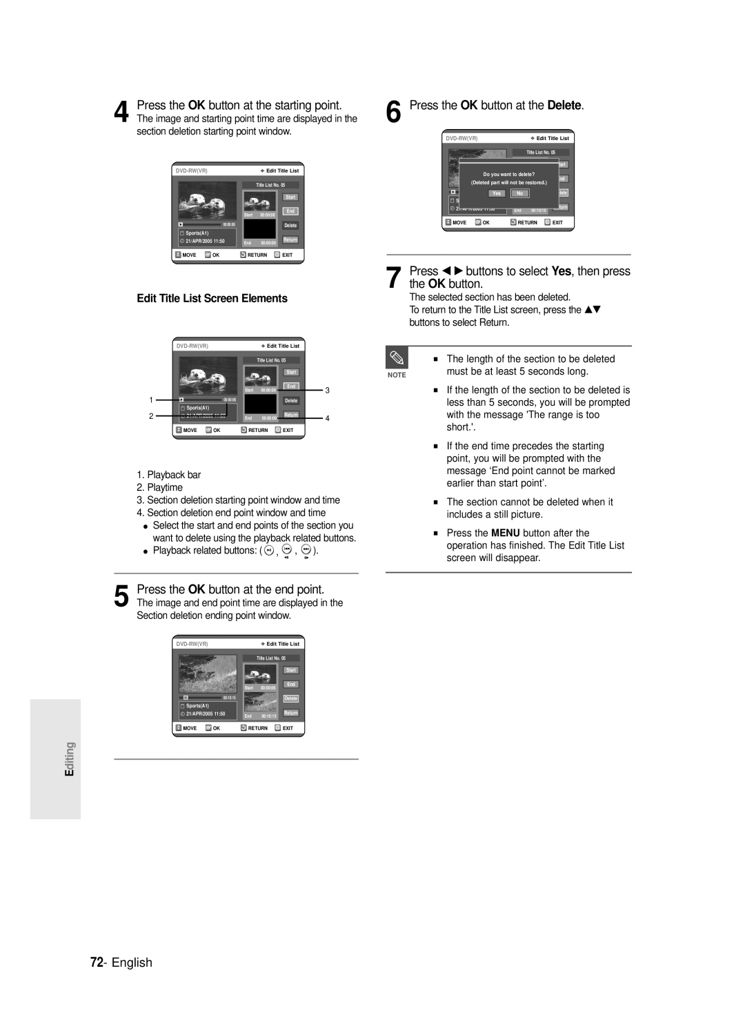 Samsung DVD-R120E/EUR manual Press the OK button at the Delete, Press œ √ buttons to select Yes, then press the OK button 