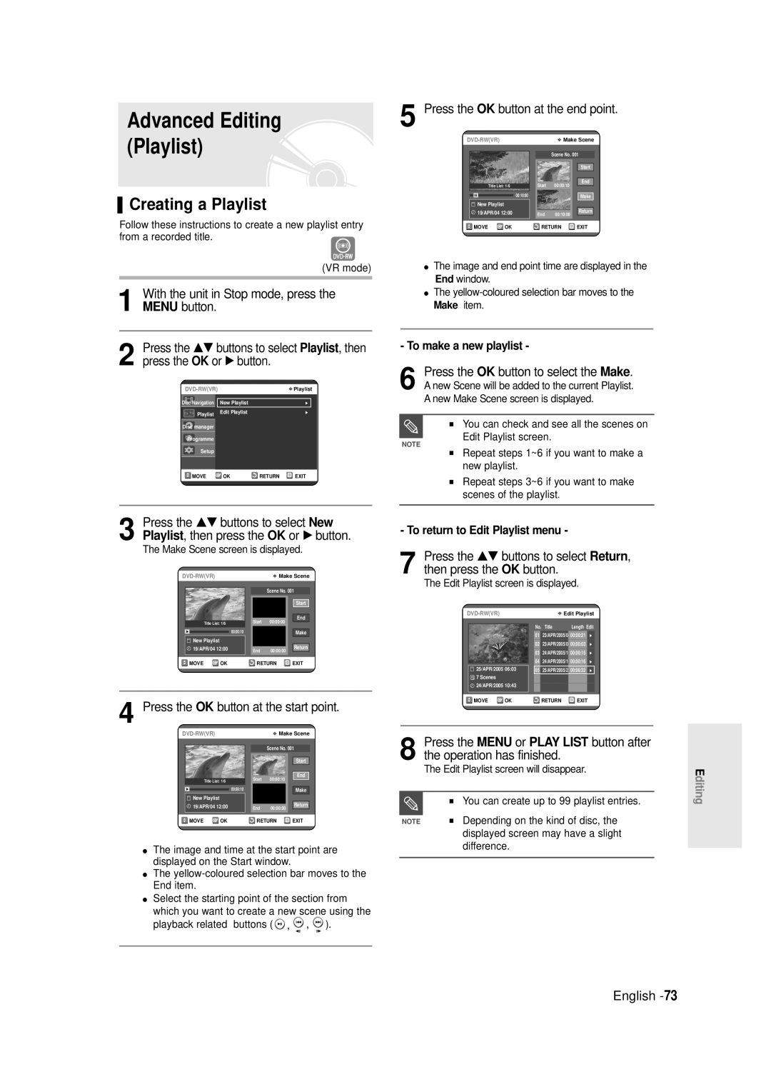 Samsung DVD-R121E/EUR Creating a Playlist, Press the OK button at the end point, Press the OK button at the start point 