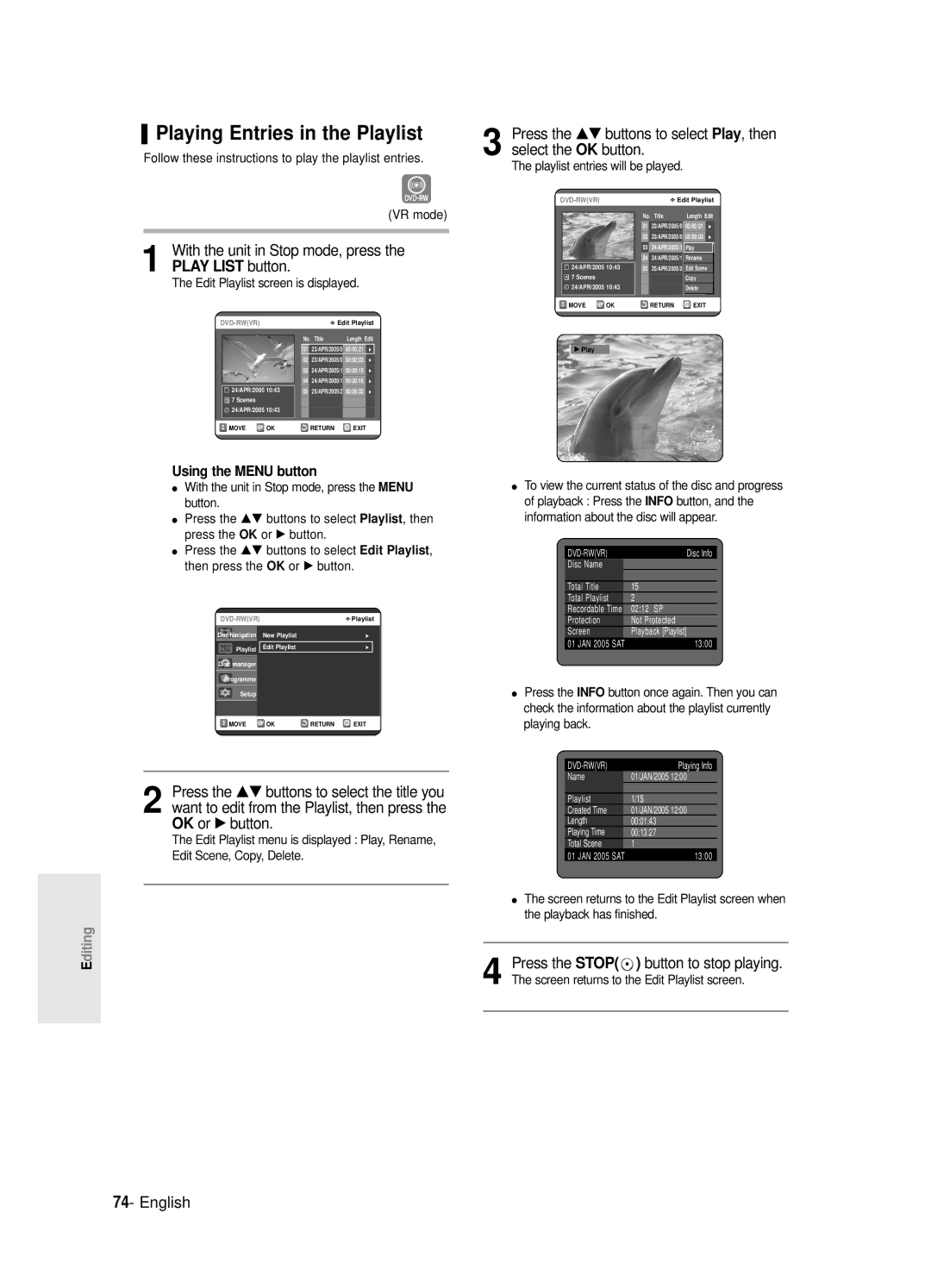 Samsung DVD-R120E/EUR manual Playing Entries in the Playlist, With the unit in Stop mode, press the Play List button 