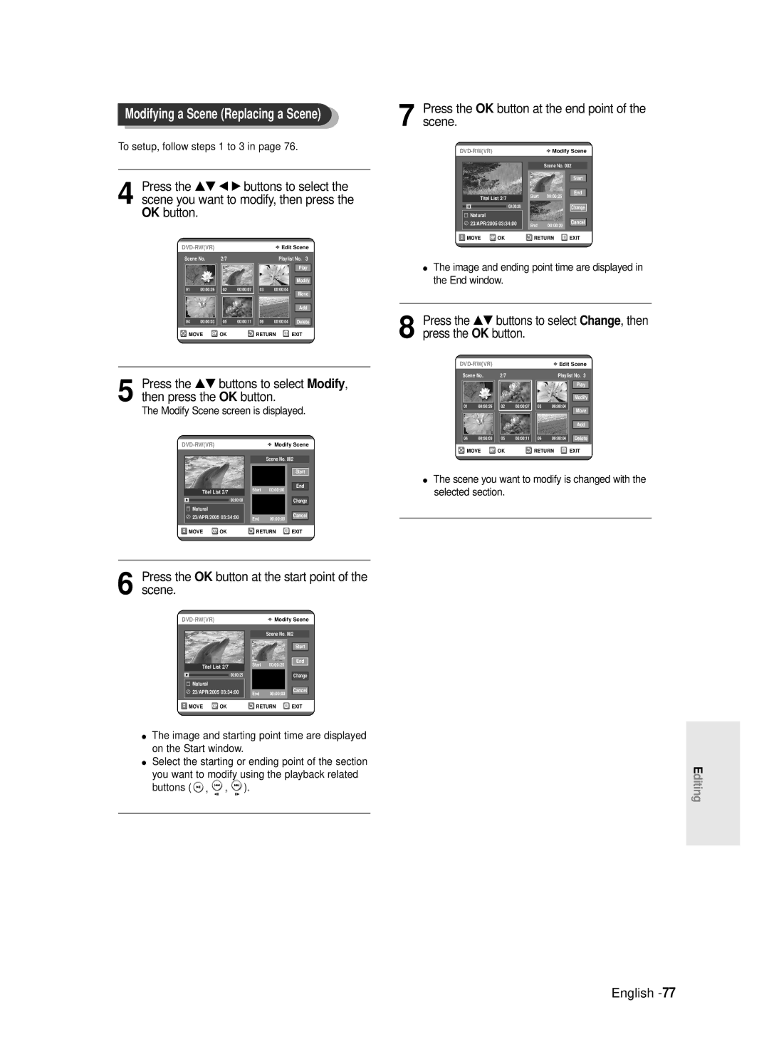 Samsung DVD-R121E/EUR manual Modifying a Scene Replacing a Scene, Press the OK button at the start point of the scene 