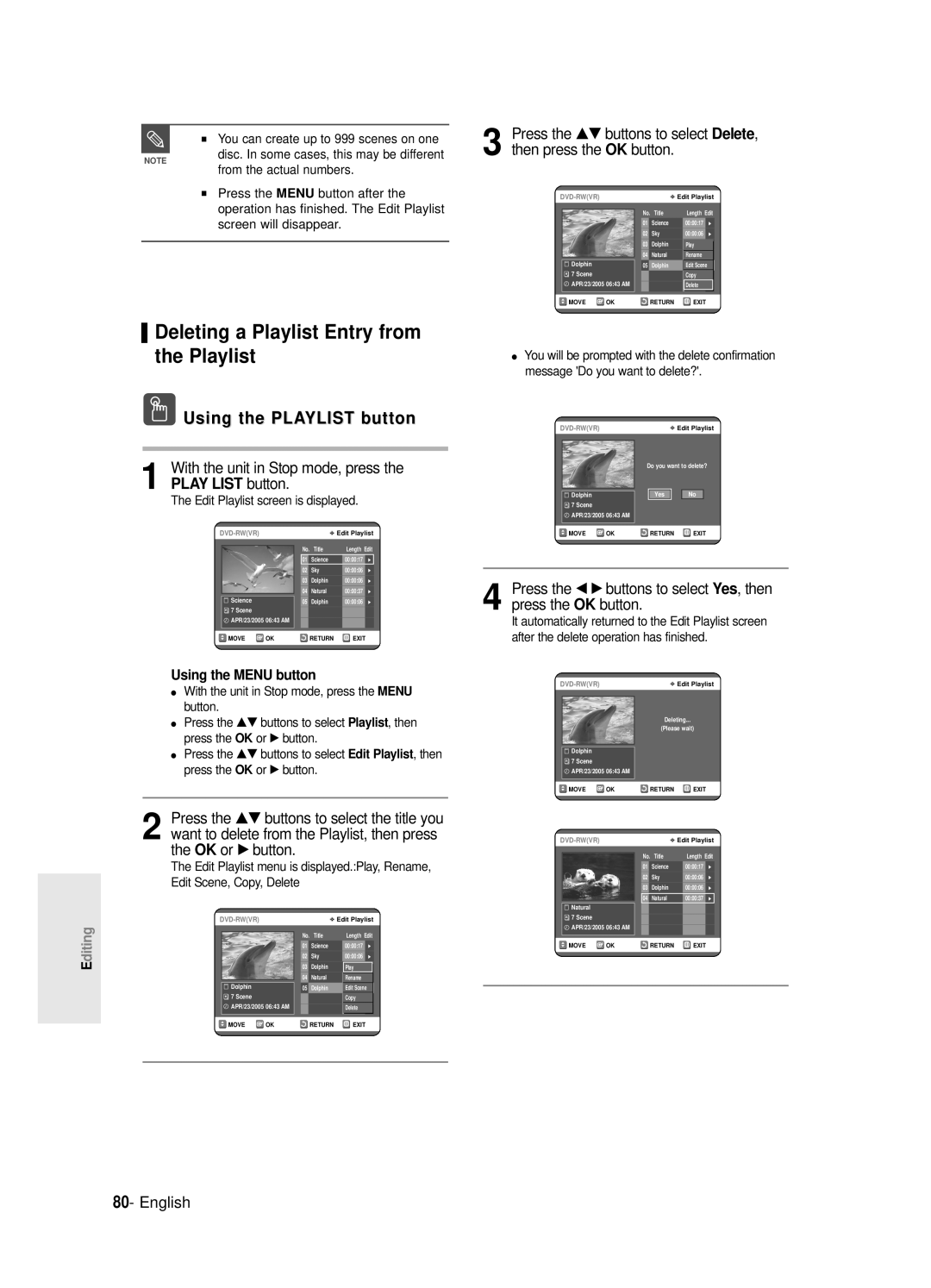 Samsung DVD-R120E/EUR, DVD-R121E/EUR manual Deleting a Playlist Entry from the Playlist, Using the Playlist button 