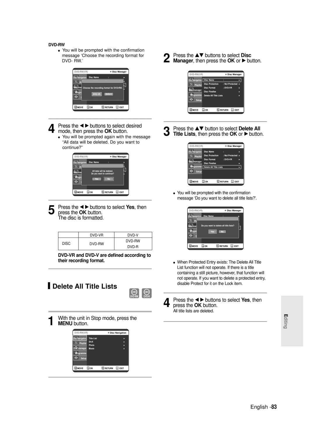 Samsung DVD-R121E/EUR, DVD-R120E/EUR manual Delete All Title Lists, All title lists are deleted 