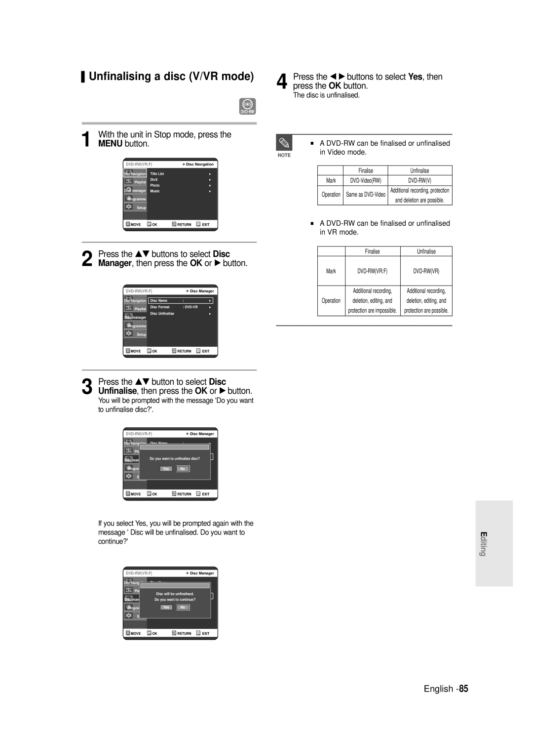 Samsung DVD-R121E/EUR Unfinalising a disc V/VR mode, With the unit in Stop mode, press Menu button, Disc is unfinalised 