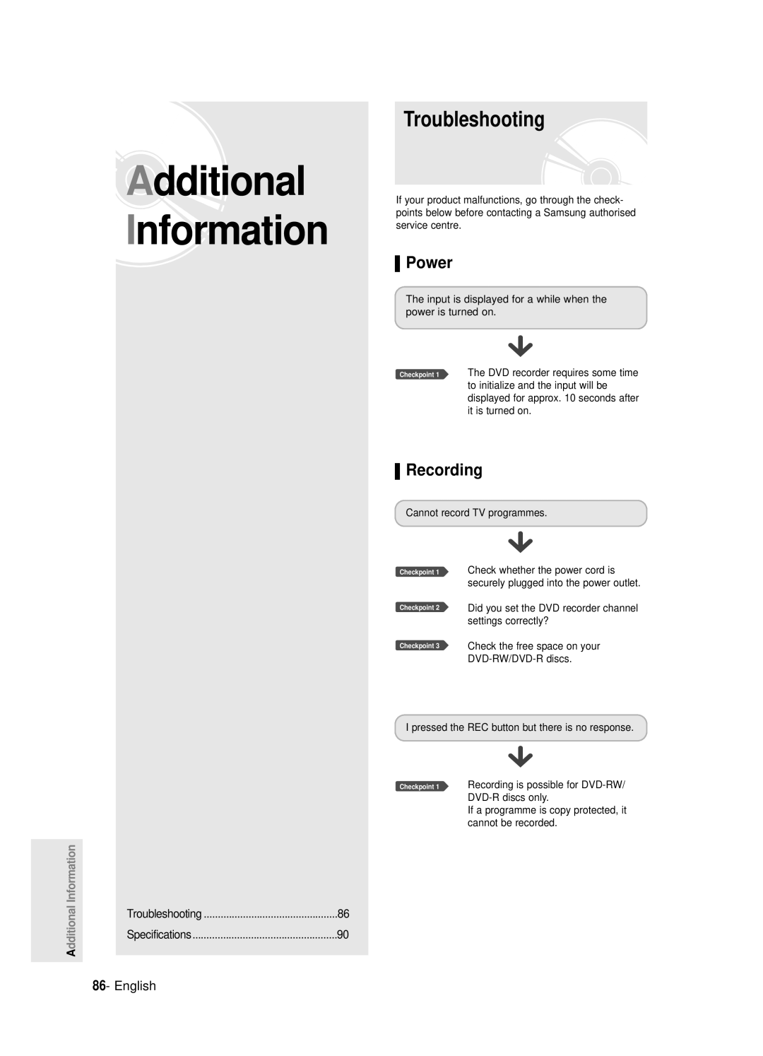 Samsung DVD-R120E/EUR, DVD-R121E/EUR manual Troubleshooting, Power, Recording, Cannot record TV programmes 