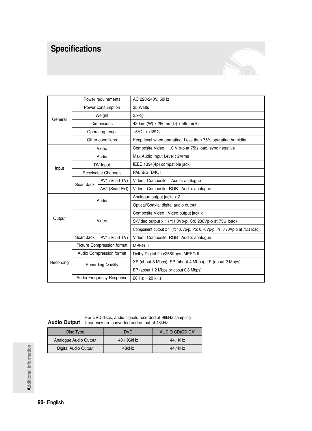 Samsung DVD-R120E/EUR, DVD-R121E/EUR manual Specifications 