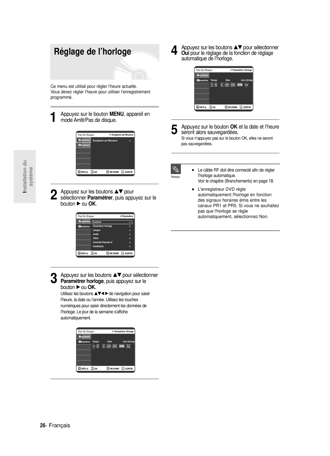 Samsung DVD-R120P, DVD-R120E/XEF, DVD-R120/XEF, DVD-R121E/XEF manual Réglage de l’horloge, …† pour, Puis appuyez sur le 