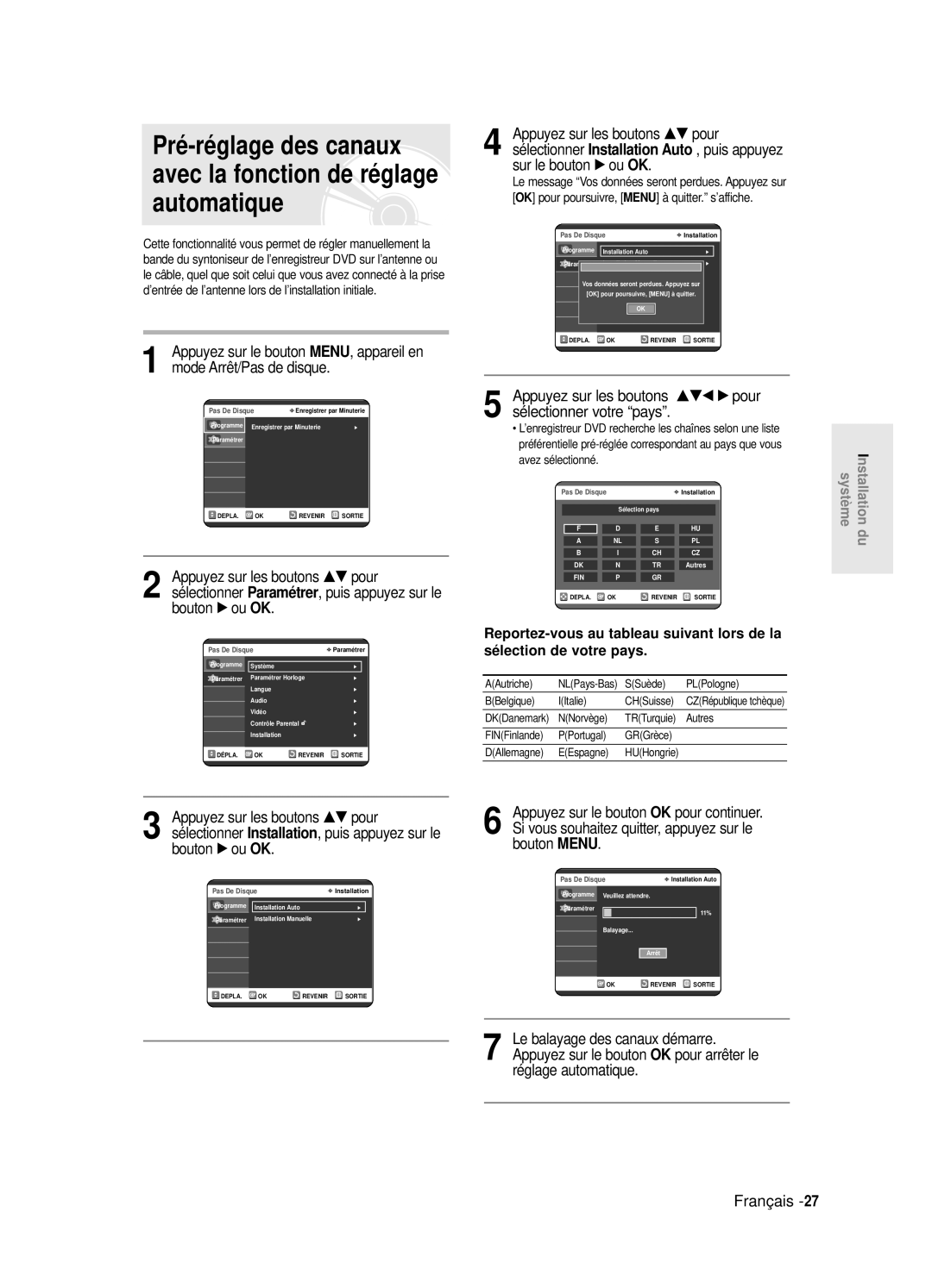 Samsung DVD-R121E/XEF manual Pré-réglage des canaux, …† pour, Pour continuer, Pour arrêter le, Réglage automatique Français 