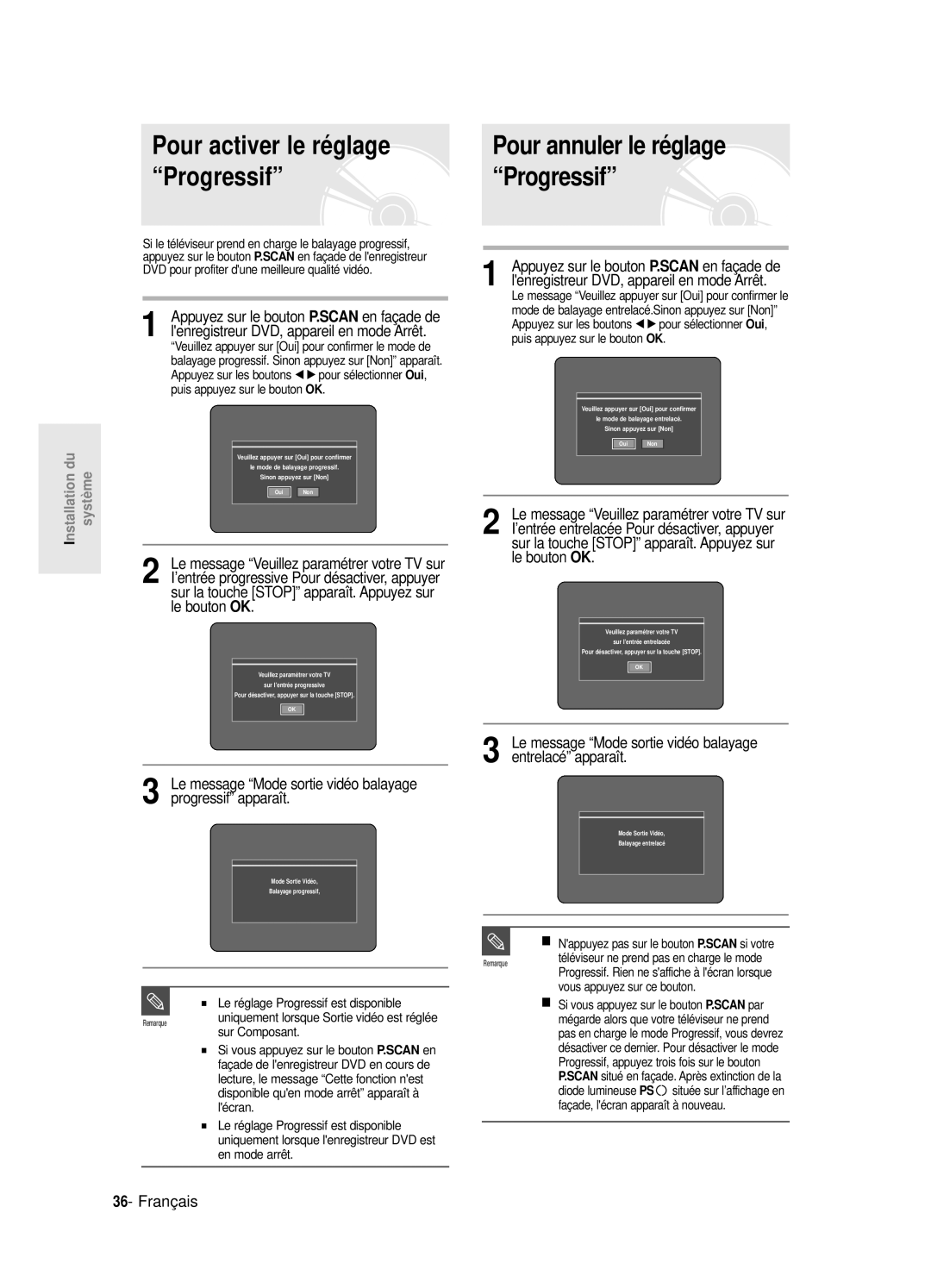 Samsung DVD-R120E/XEF, DVD-R120/XEF, DVD-R120P manual Pour activer le réglage, Progressif apparaît, Entrelacé apparaît 