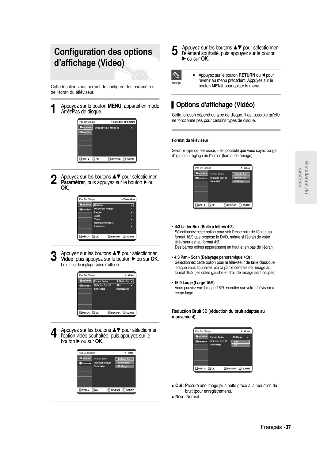 Samsung DVD-R120/XEF, DVD-R120E/XEF, DVD-R120P Options daffichage Vidéo, Bouton √ ou sur, …† pour sélectionner, Non Normal 